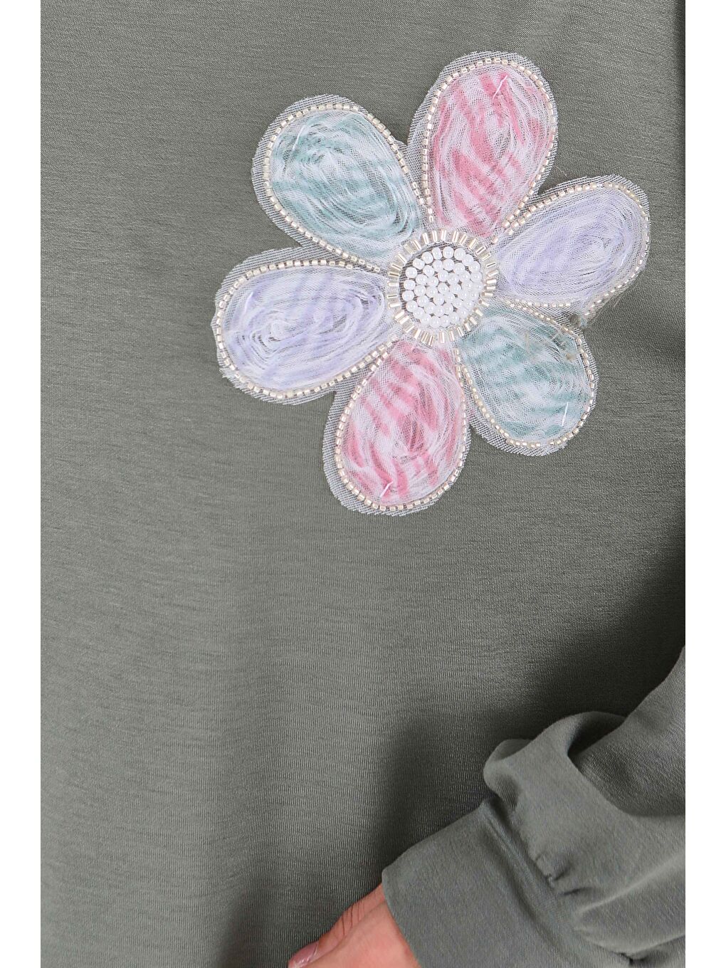 Çiçek İşlemeli  Tunik Haki - 27672-3