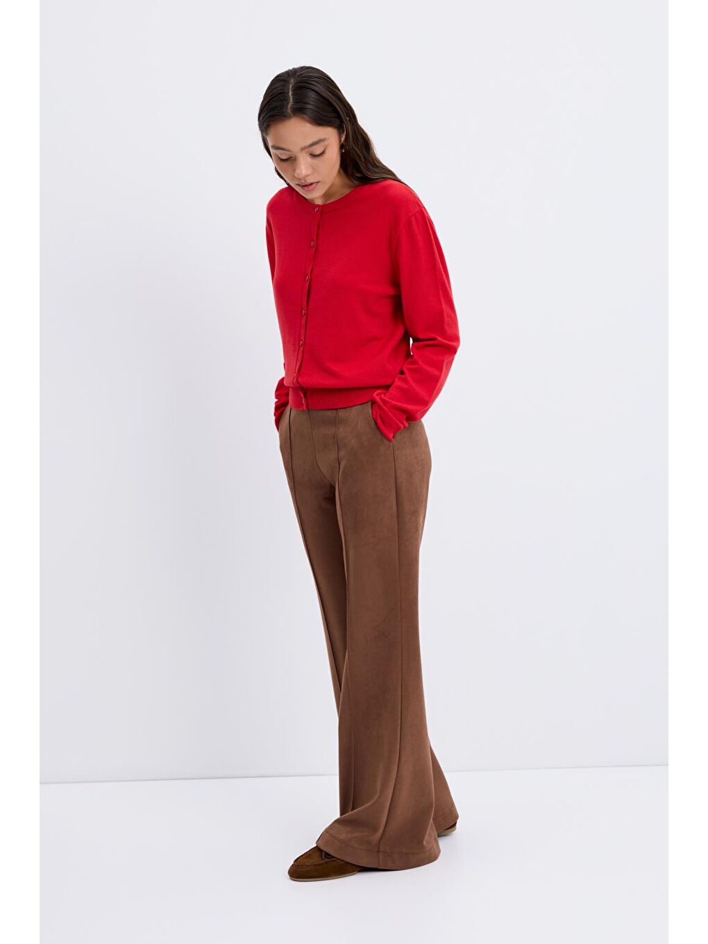 Yuvarlak Yaka Düğmeli Triko Hırka Kırmızı-3