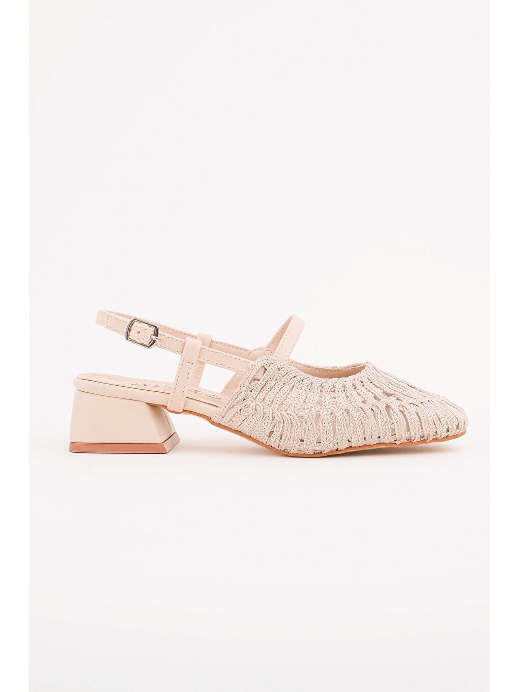 Bej MESH Kadın Örgü ve File Detaylı Bantlı Arkası Açık Kısa Topuklu Ayakkabı