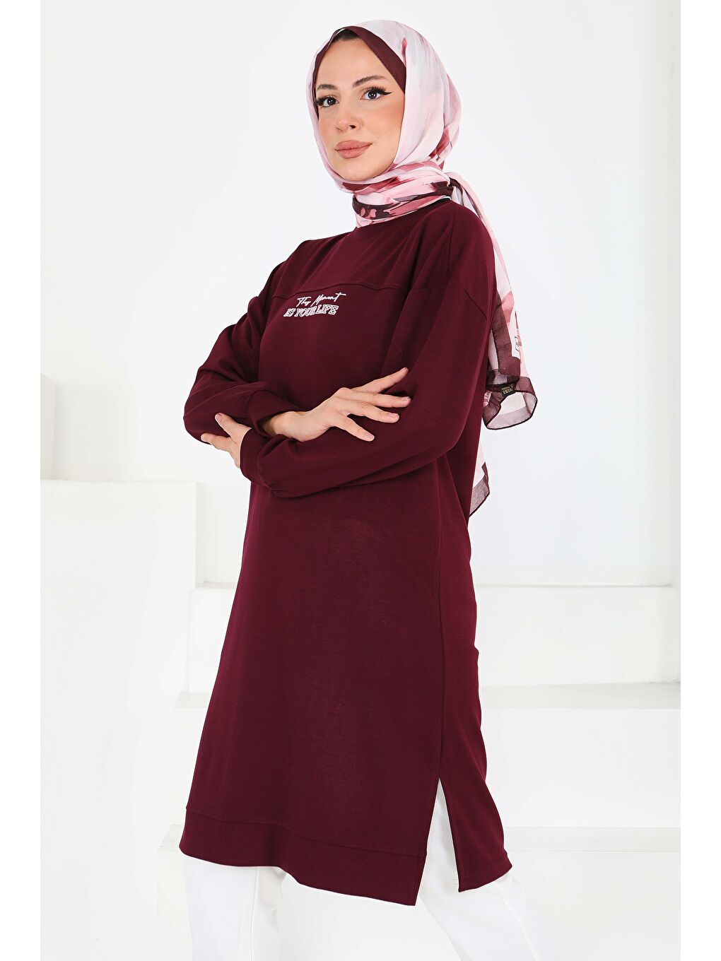 Önü Baskılı Yırtmaçlı Modal Tunik Bordo - 27704