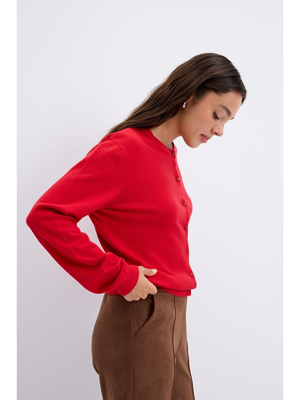 Yuvarlak Yaka Düğmeli Triko Hırka Kırmızı-4