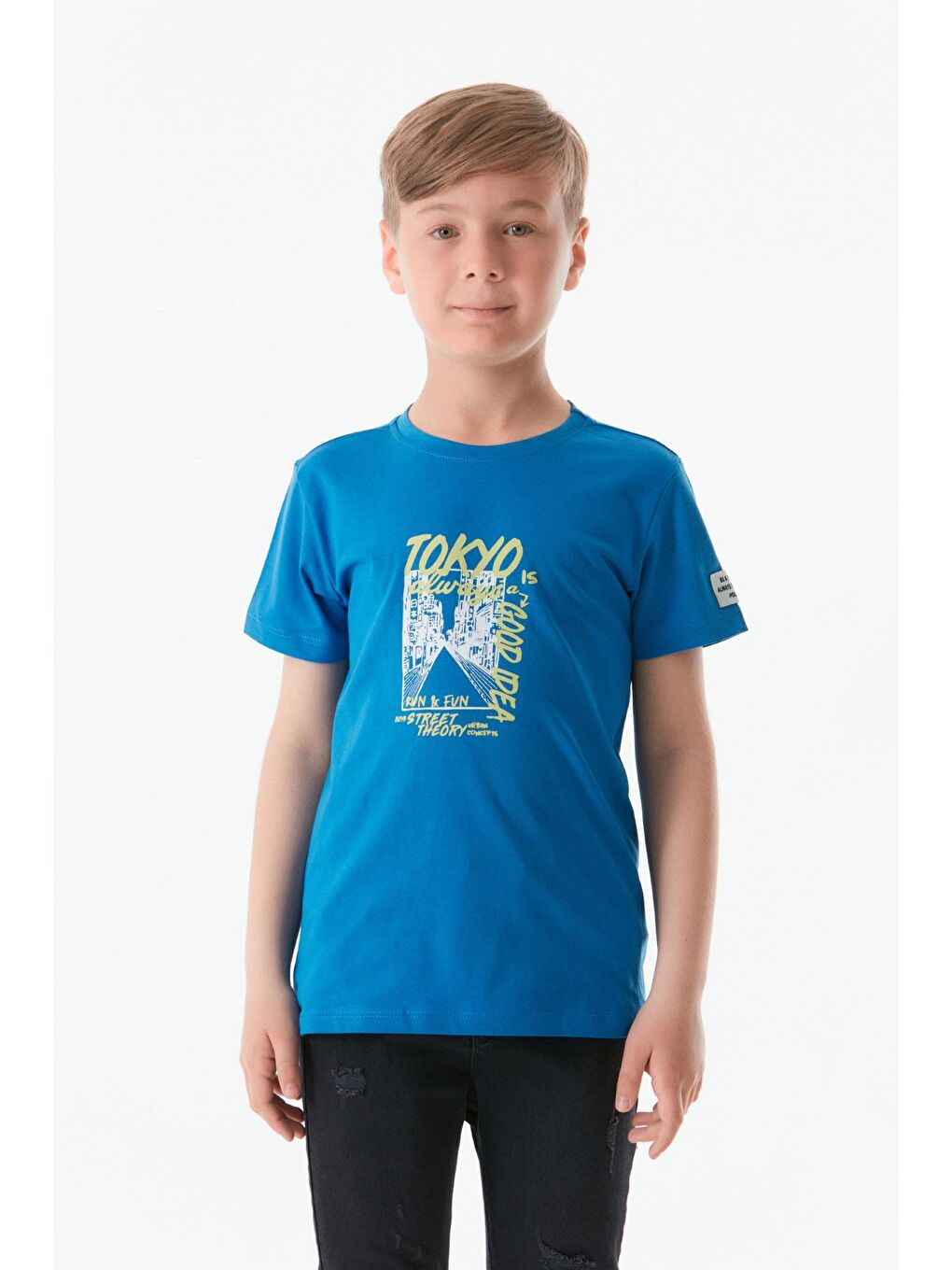 Mavi Önü Ve Arkası Baskılı Bisiklet Yaka Erkek Çocuk Tişört