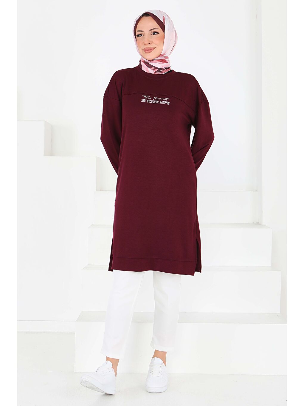 Önü Baskılı Yırtmaçlı Modal Tunik Bordo - 27704-1