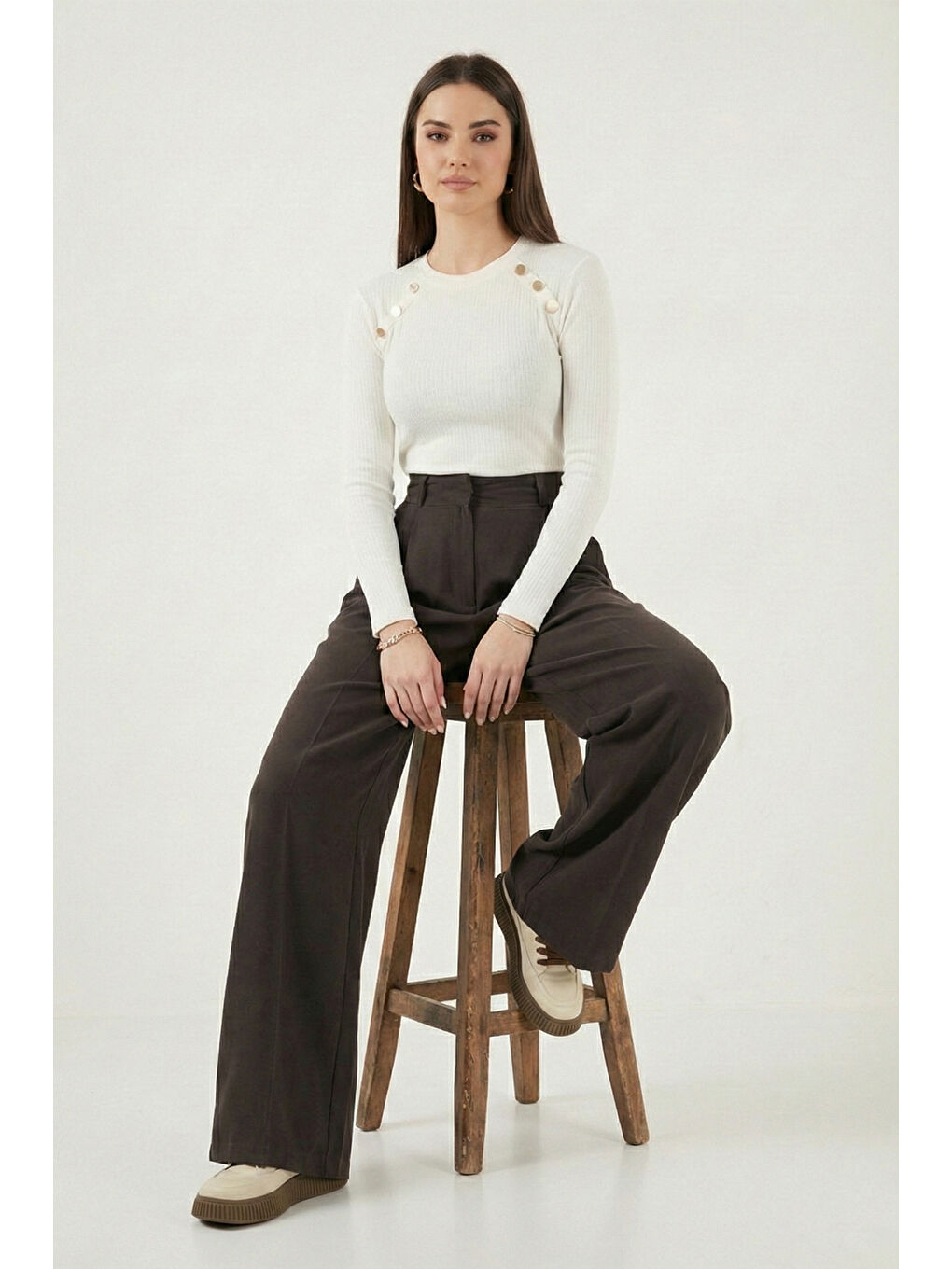 Kahverengi Wide Leg Yüksek Bel Geniş Paça Pileli Kadın Pantolon 6923871-1