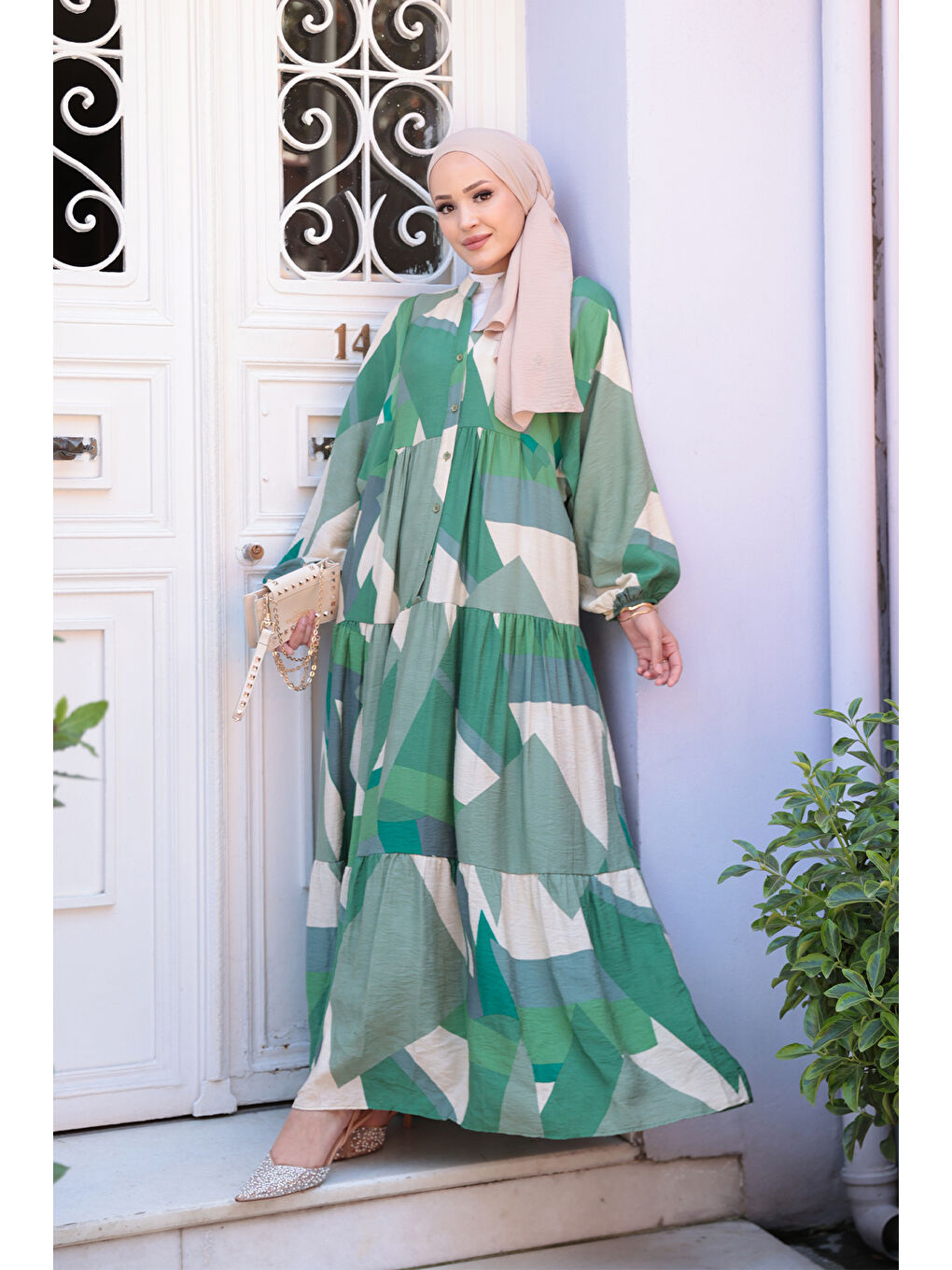 Kadın Karışık Desen Elbise Yeşil-1