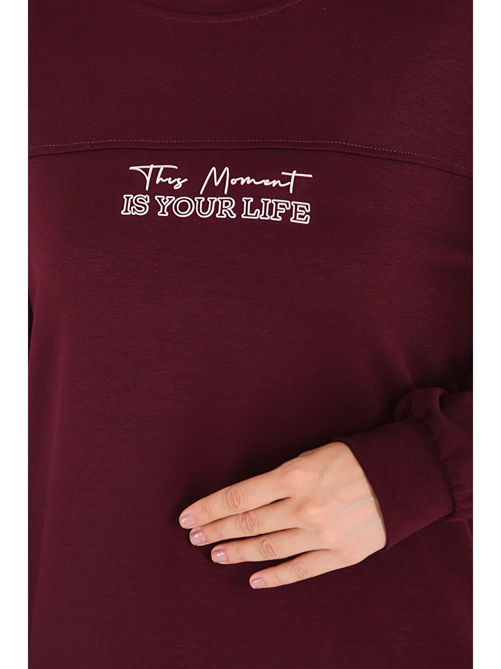 Önü Baskılı Yırtmaçlı Modal Tunik Bordo - 27704-3