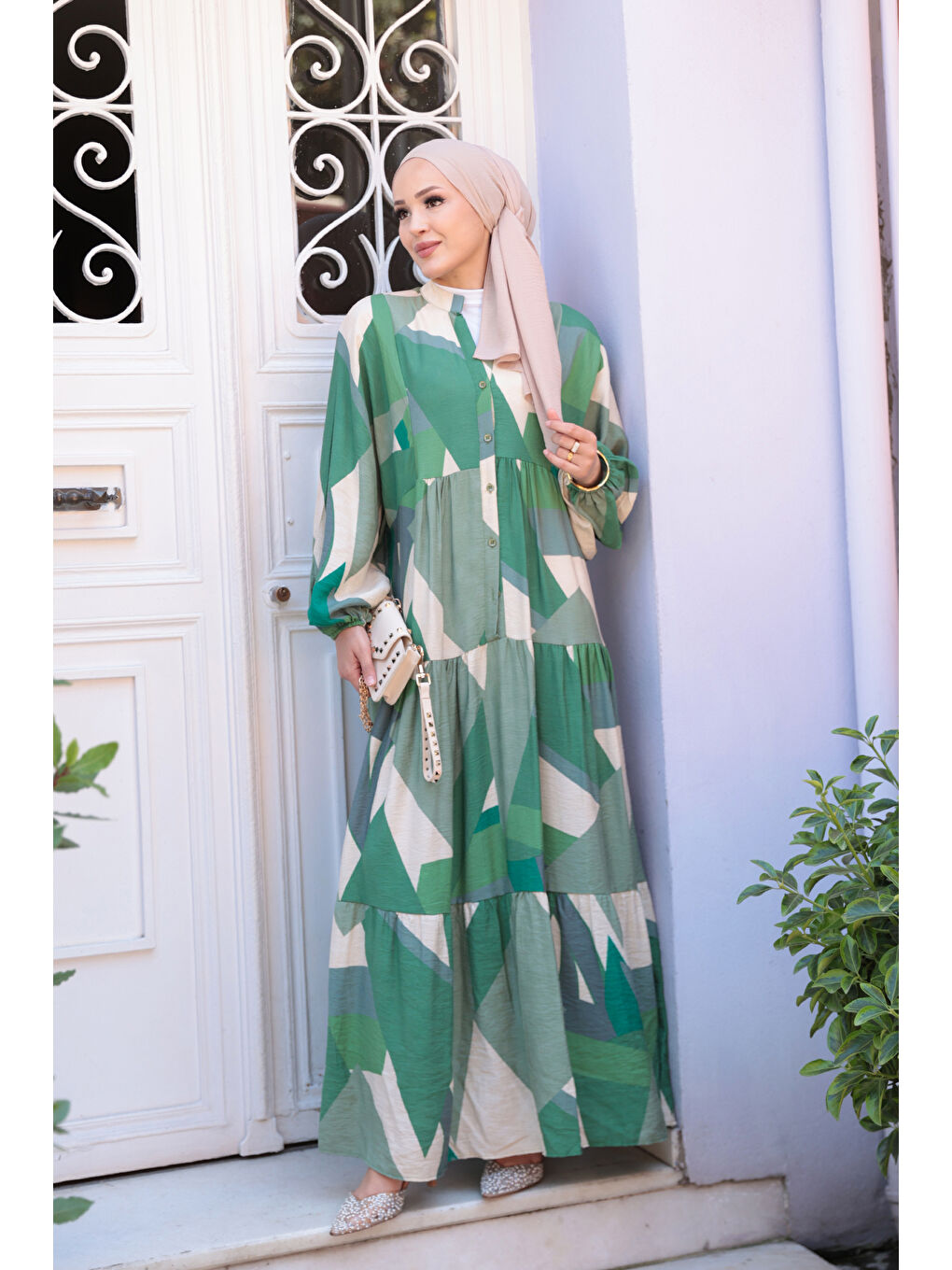 Kadın Karışık Desen Elbise Yeşil-2