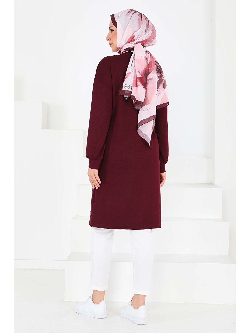 Önü Baskılı Yırtmaçlı Modal Tunik Bordo - 27704-4