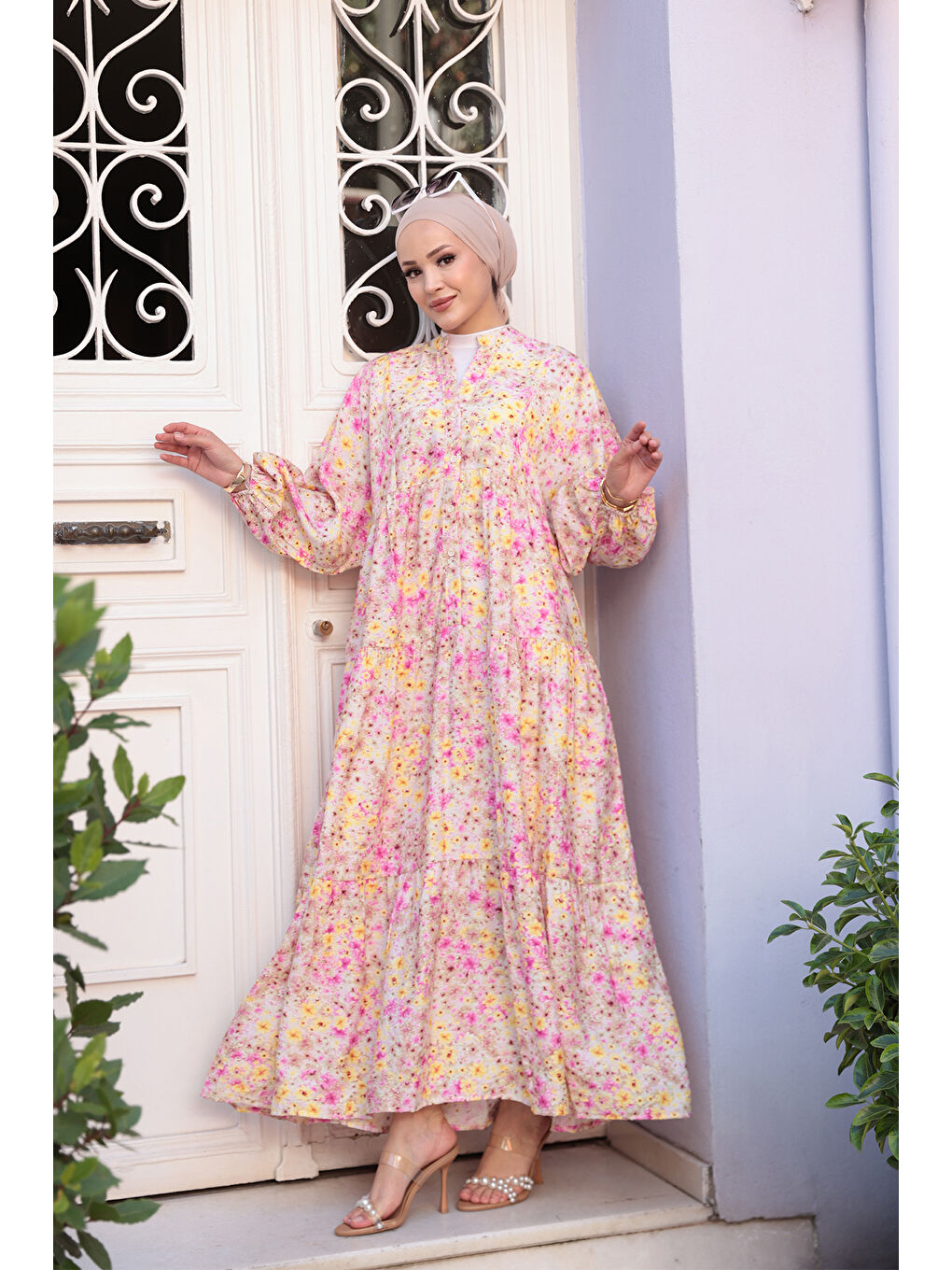 Kadın Papatya Desen Elbise Pembe