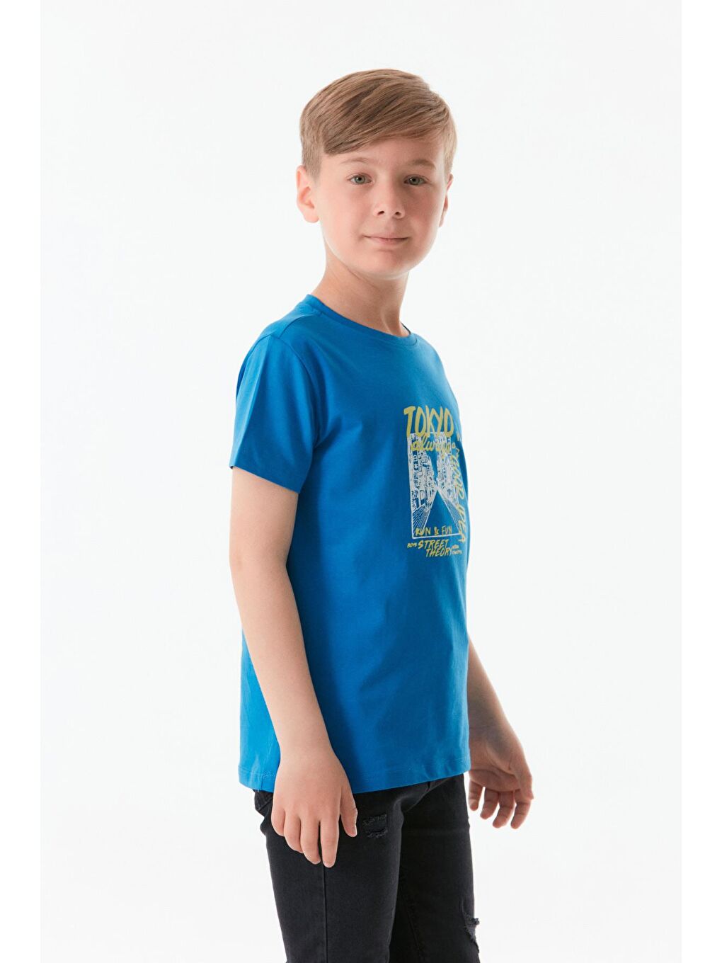 Mavi Önü Ve Arkası Baskılı Bisiklet Yaka Erkek Çocuk Tişört-1