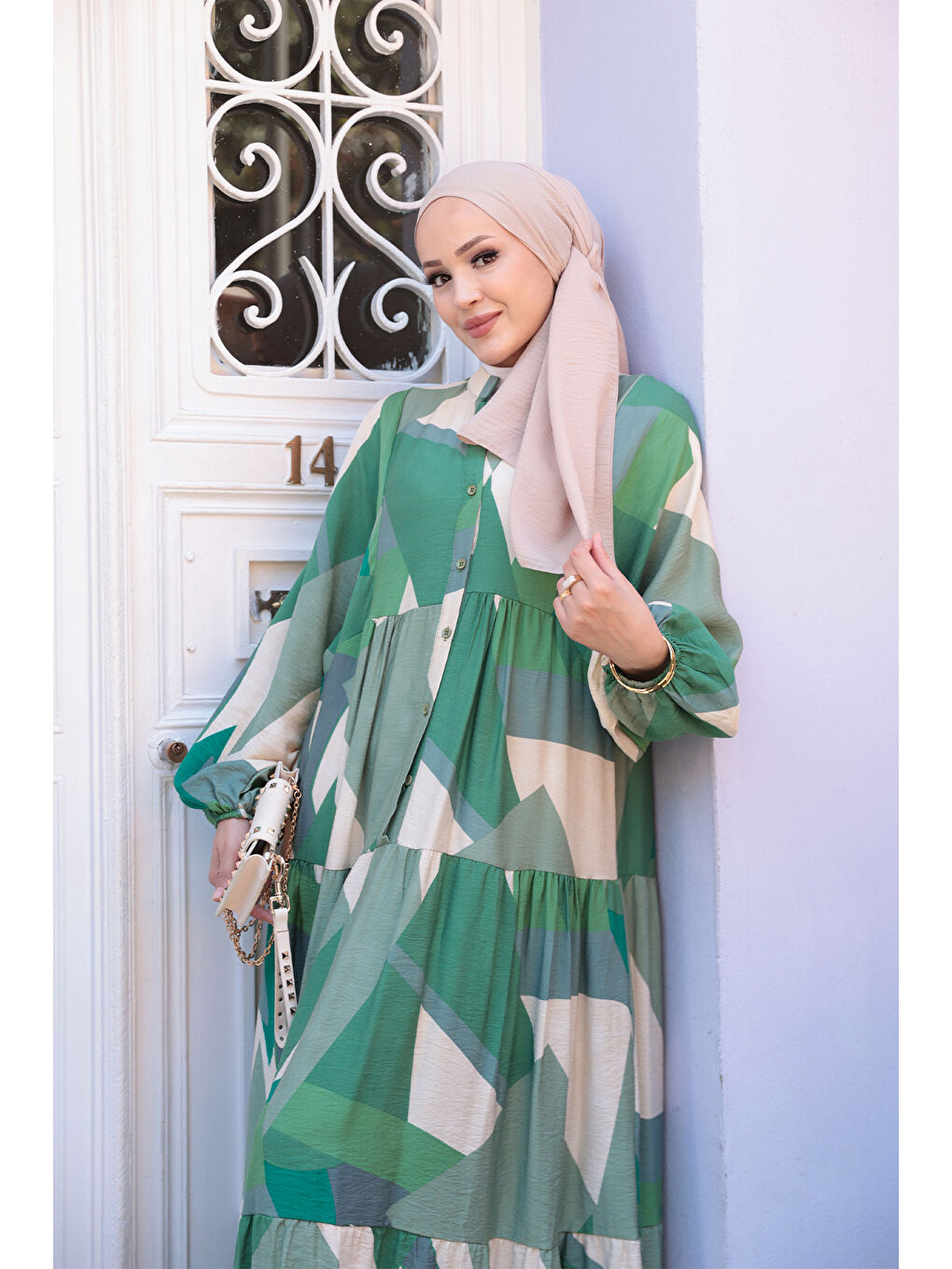 Kadın Karışık Desen Elbise Yeşil-4