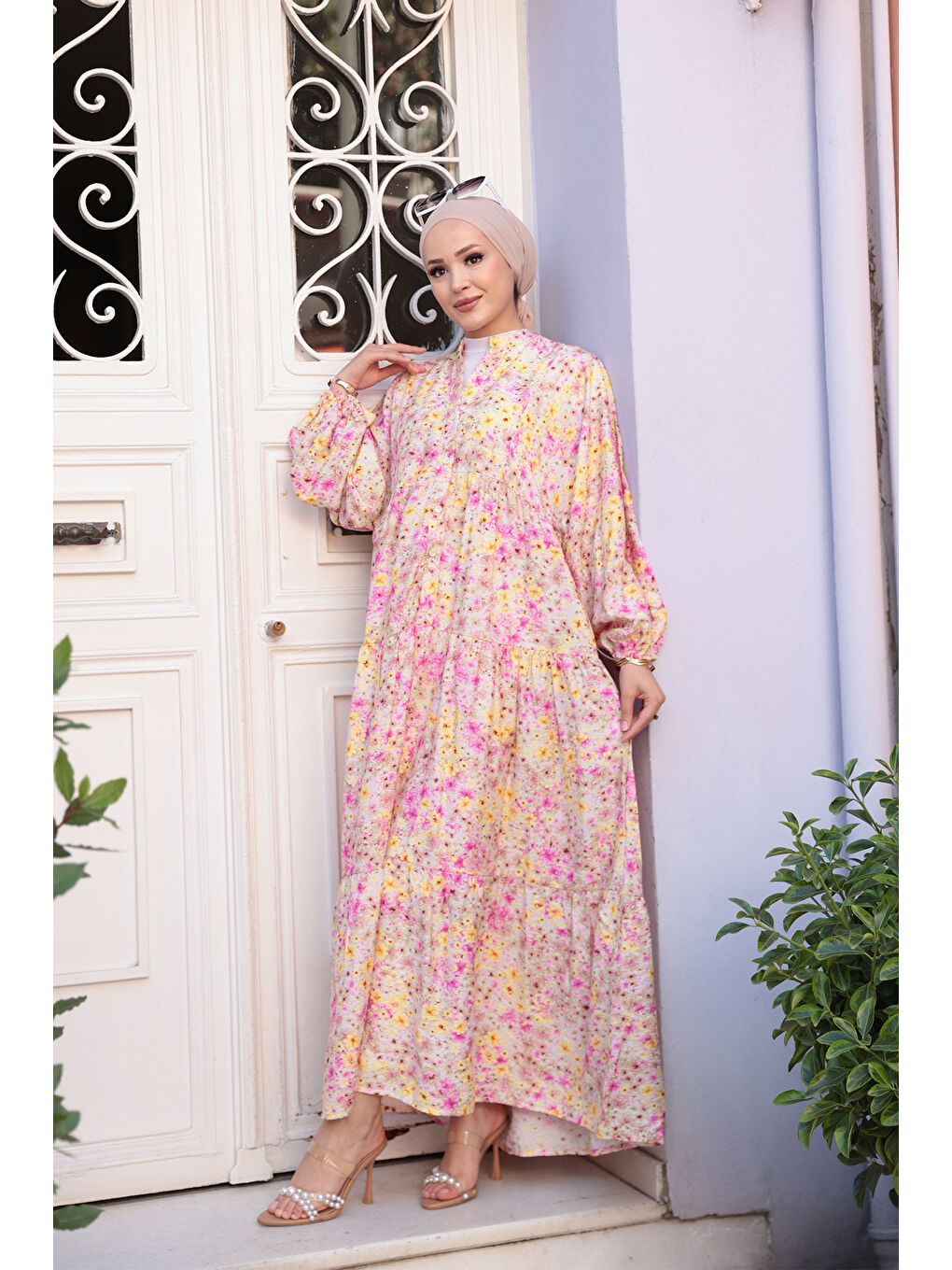 Kadın Papatya Desen Elbise Pembe-1