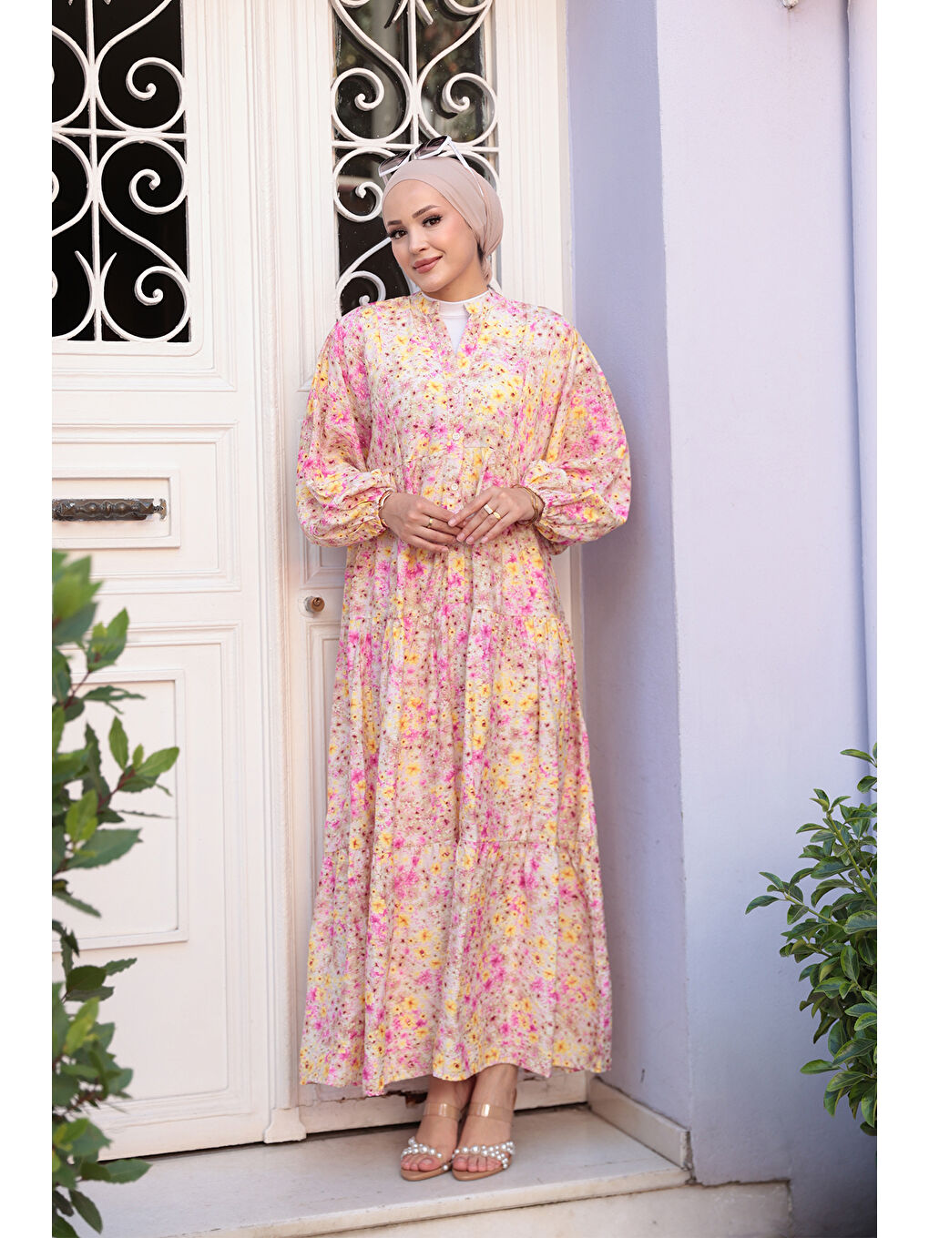 Kadın Papatya Desen Elbise Pembe-2