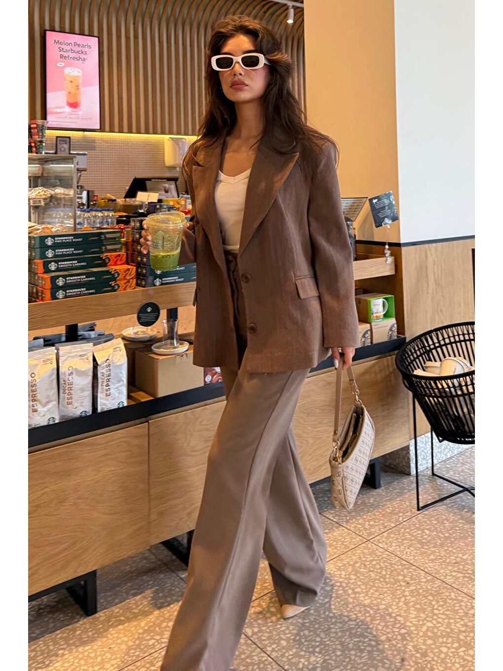 Kahverengi Keten Blazer Kadın Ceket Mg2443