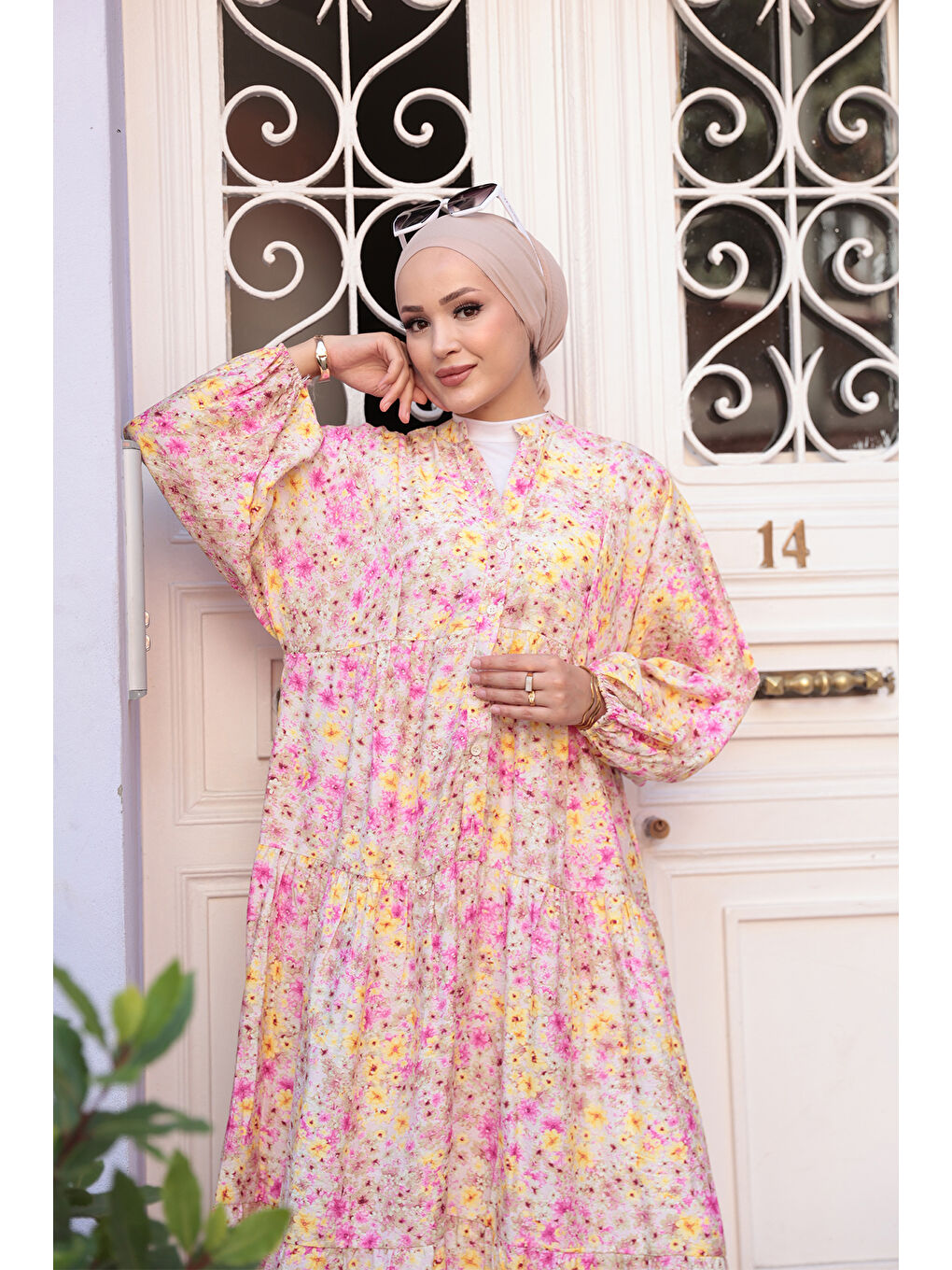 Kadın Papatya Desen Elbise Pembe-3