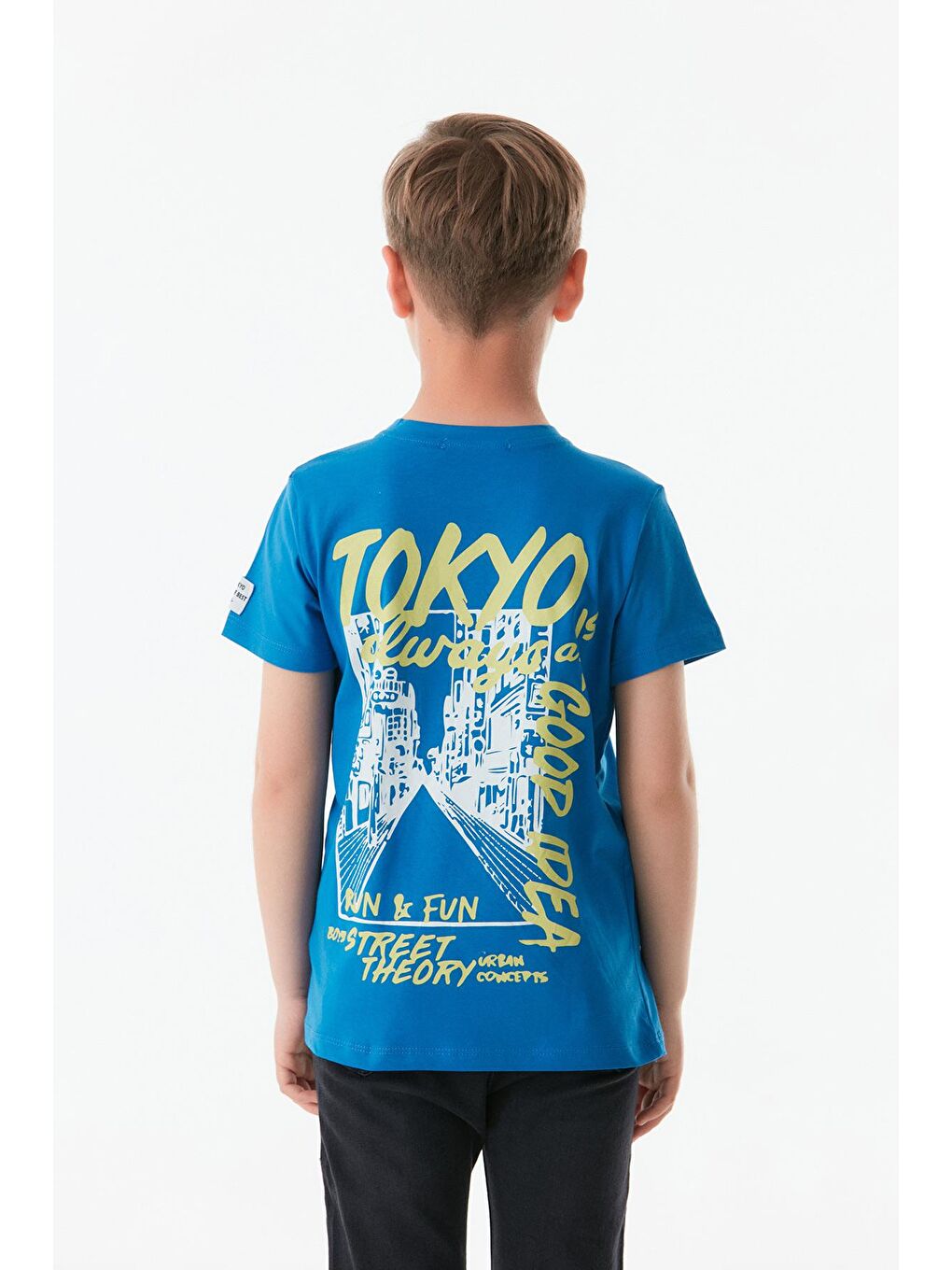 Mavi Önü Ve Arkası Baskılı Bisiklet Yaka Erkek Çocuk Tişört-2