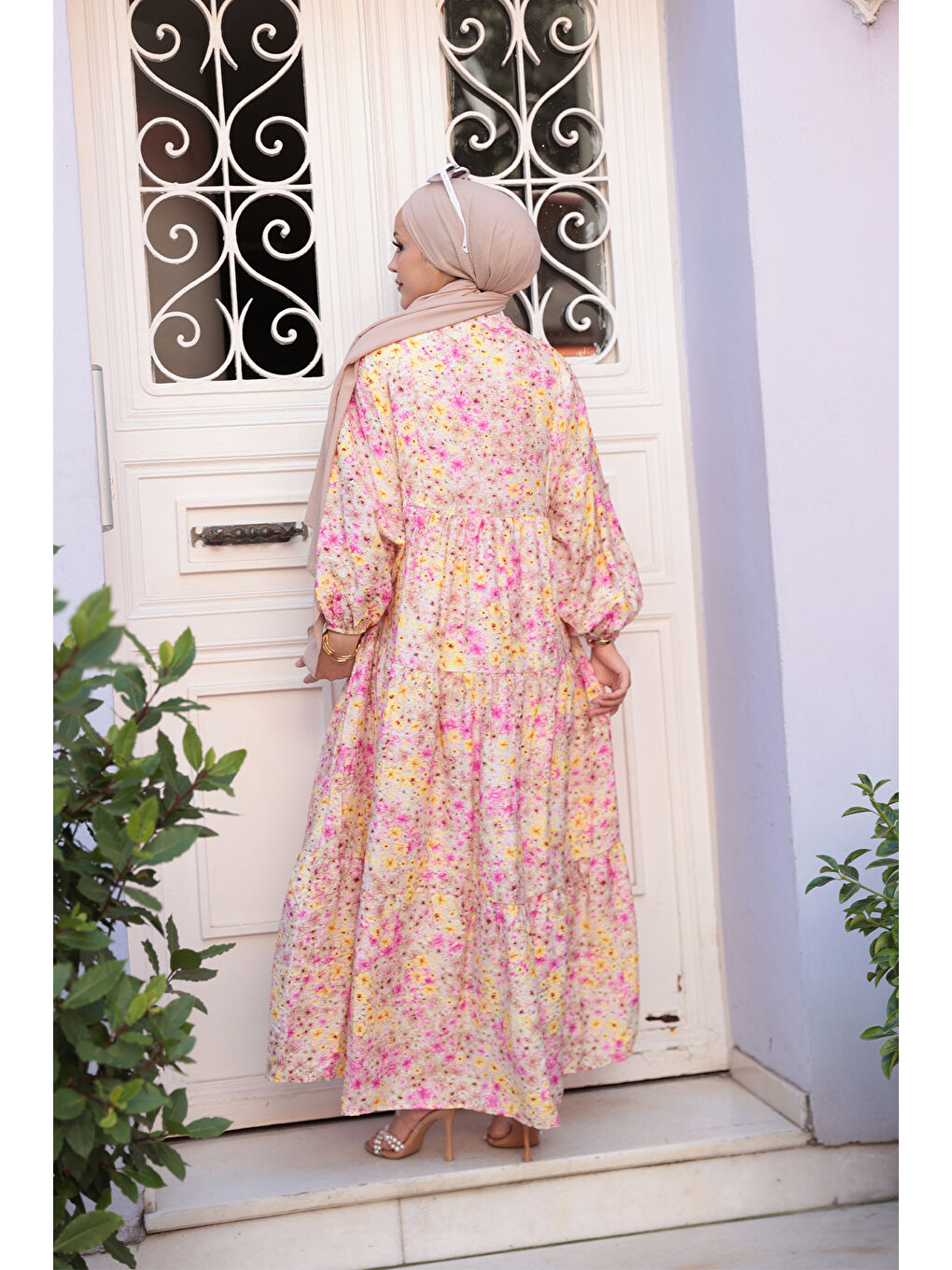 Kadın Papatya Desen Elbise Pembe-4