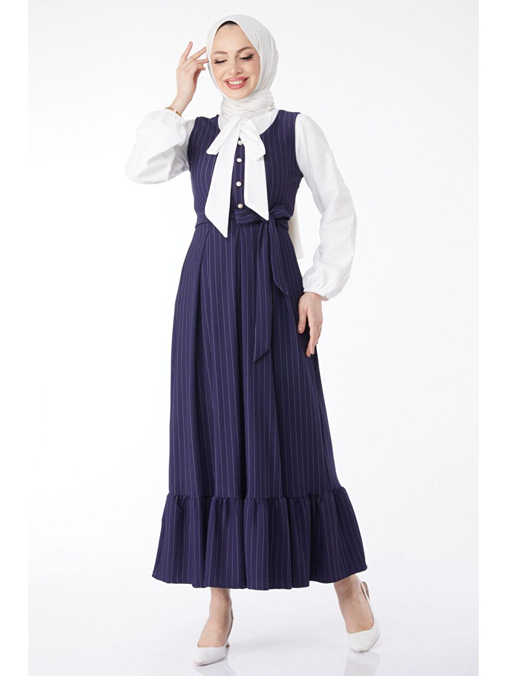 Bisiklet Yaka Kadın Lacivert Çizgili İkili Takım - 24616-3