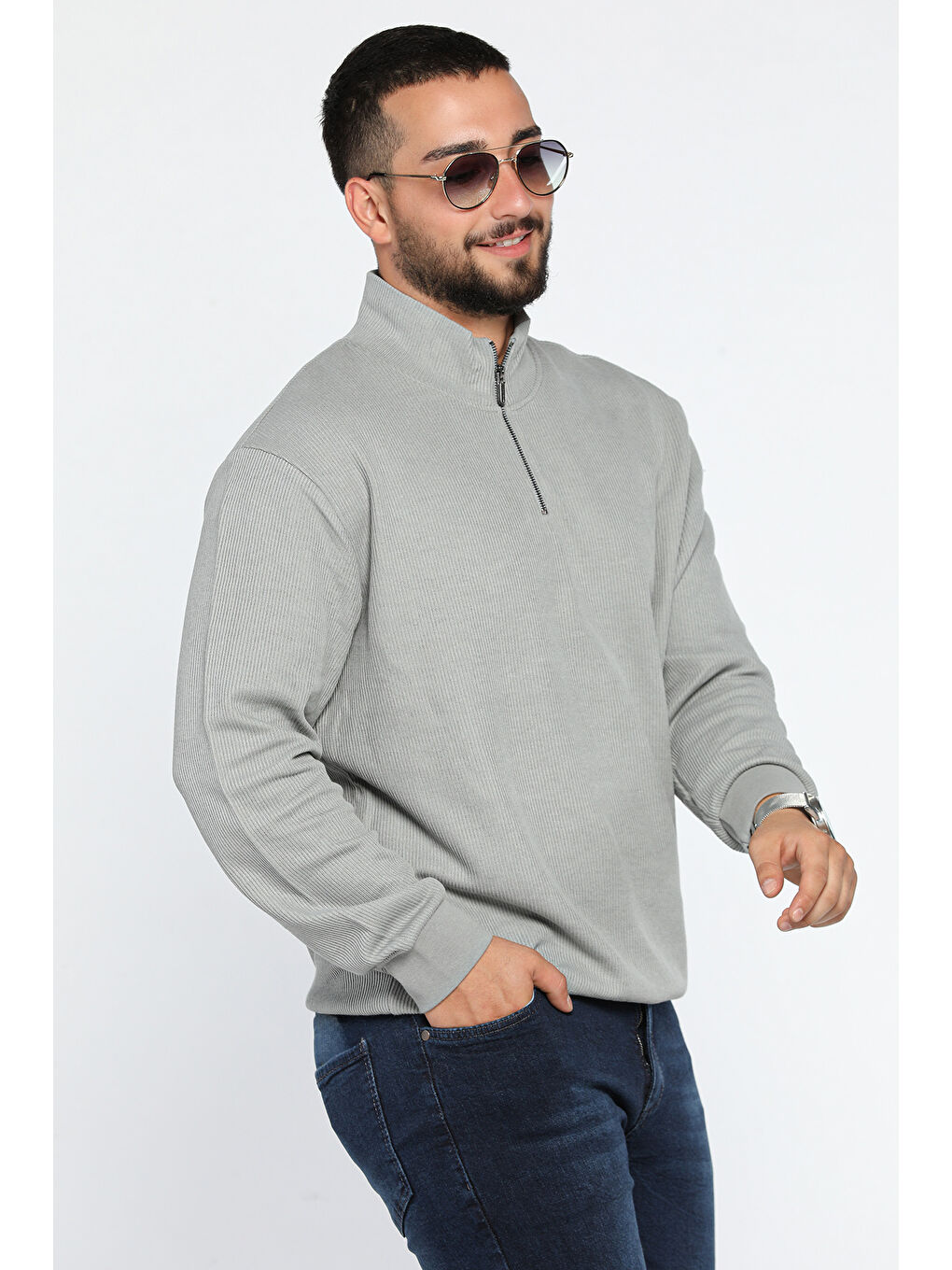 Mishar İtalia Gri Erkek Dik Yaka Yarım Fermuarlı Kendinden Desenli Sweatshirt - 1