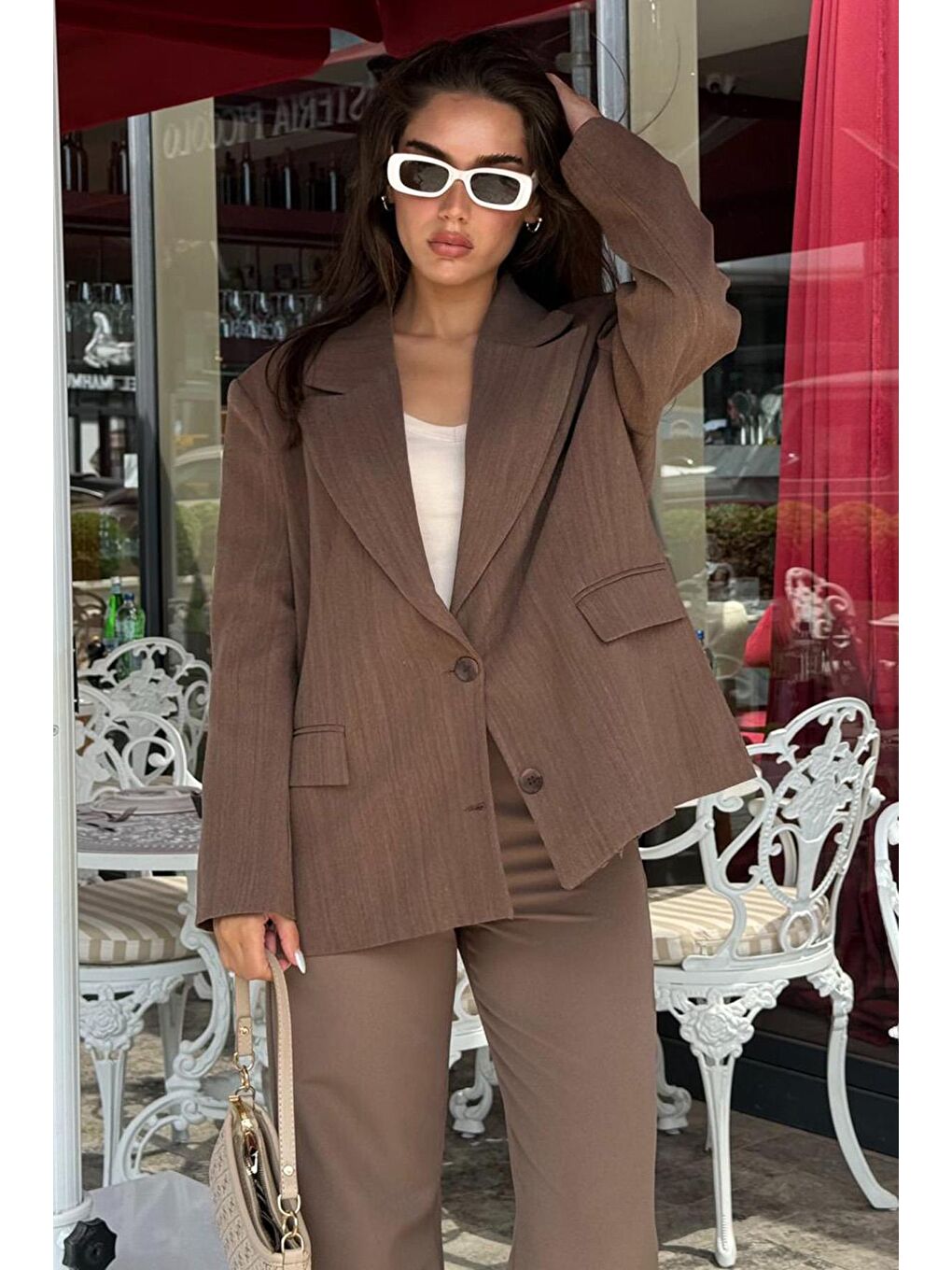 Kahverengi Keten Blazer Kadın Ceket Mg2443-1