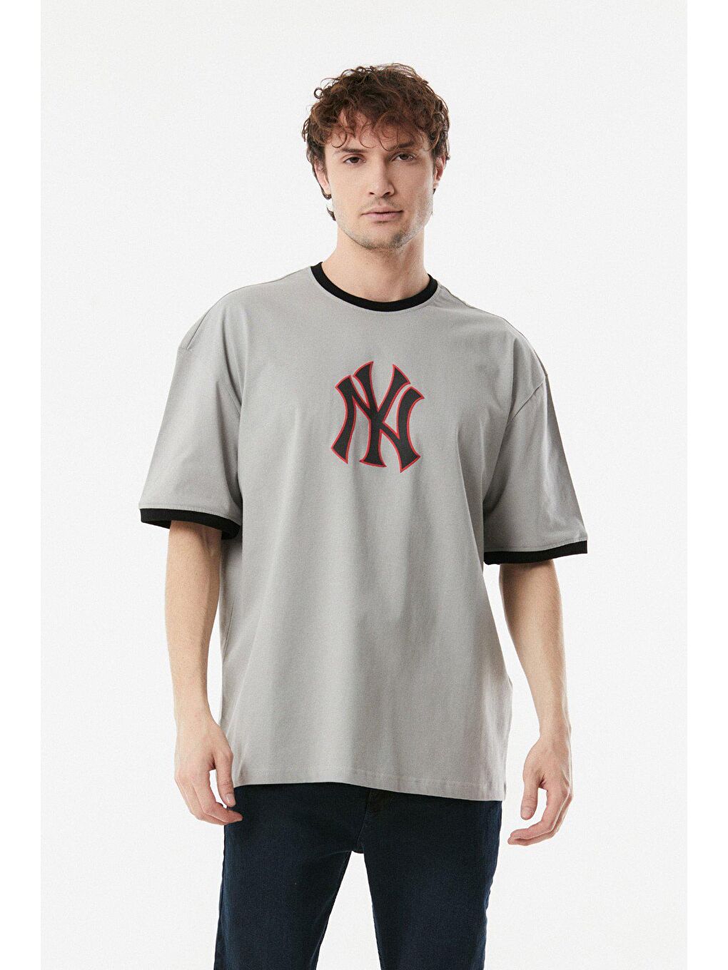 Gri Baskılı Bisiklet Yaka Oversize Tişört