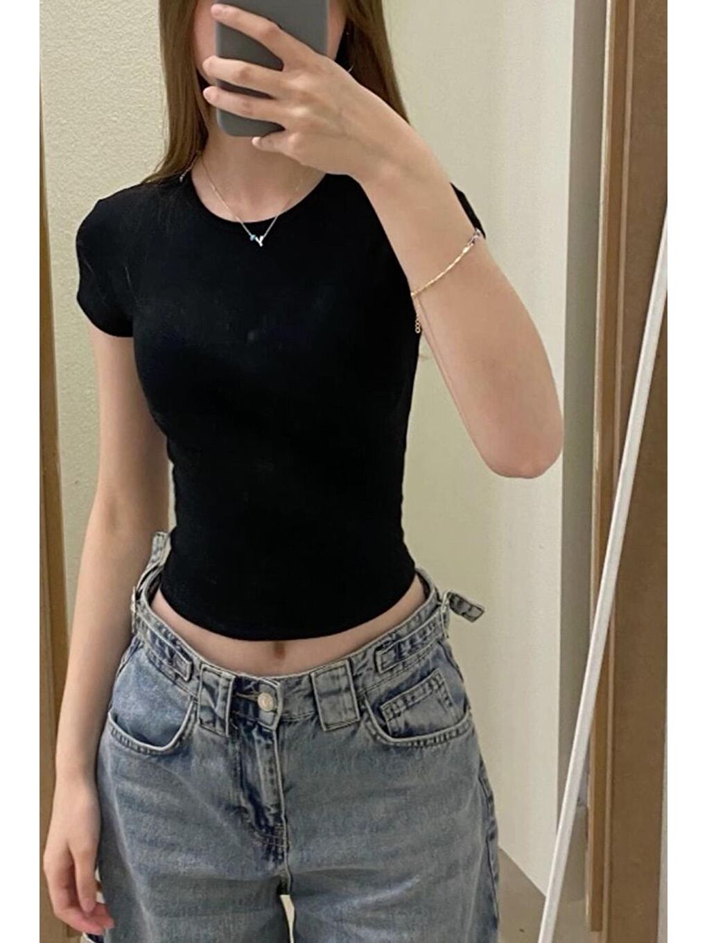 Siyah Bisiklet Yaka Basic Kadın T-Shirt Mg2479-8