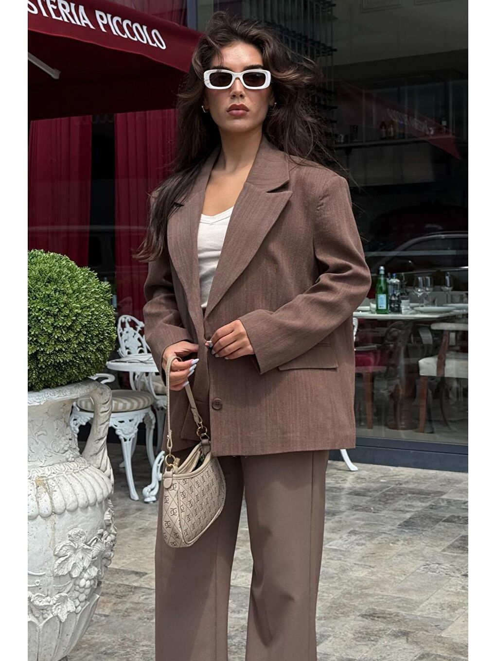 Kahverengi Keten Blazer Kadın Ceket Mg2443-3