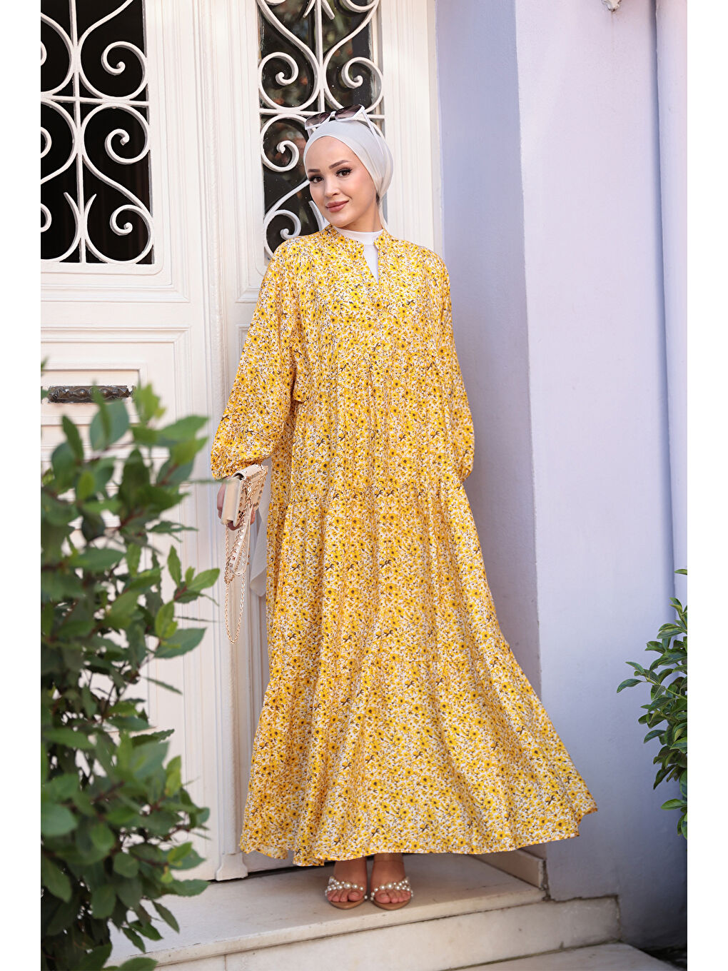 Kadın Kır Bahçesi Desen Elbise Sarı-1