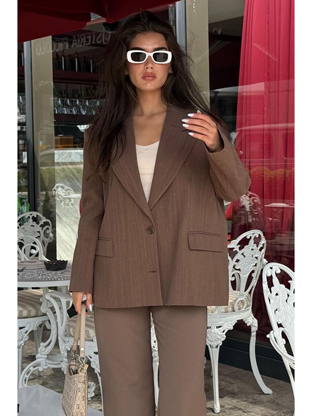 Kahverengi Keten Blazer Kadın Ceket Mg2443-4