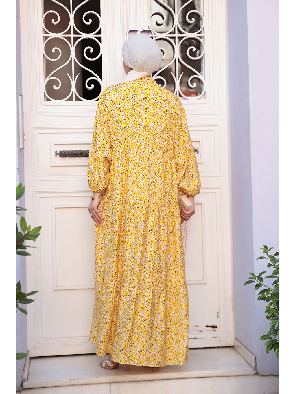 Kadın Kır Bahçesi Desen Elbise Sarı-2