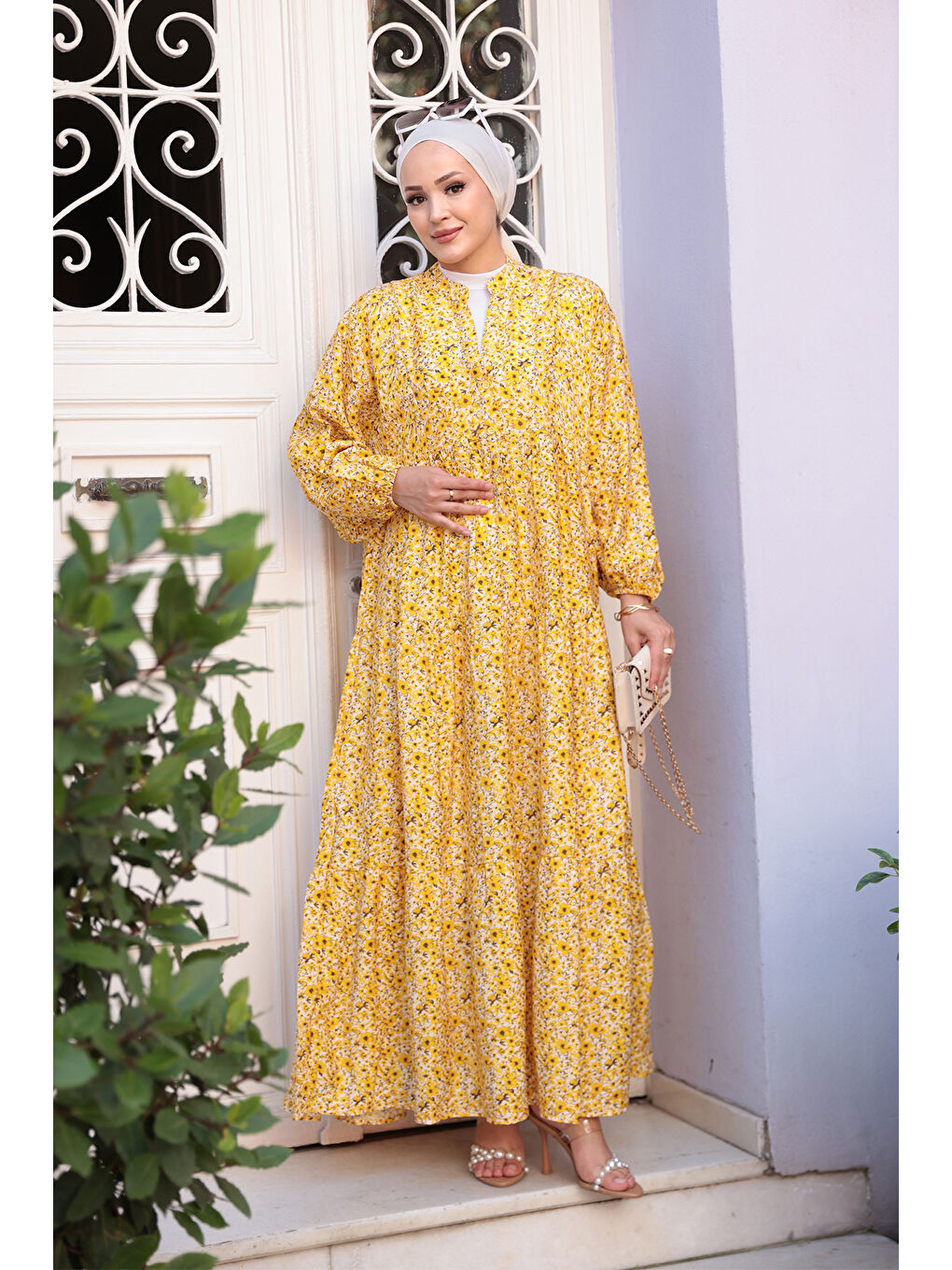 Kadın Kır Bahçesi Desen Elbise Sarı-3