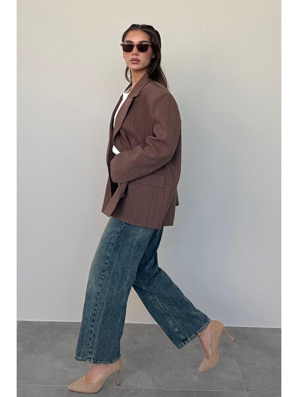 Kahverengi Keten Blazer Kadın Ceket Mg2443-5