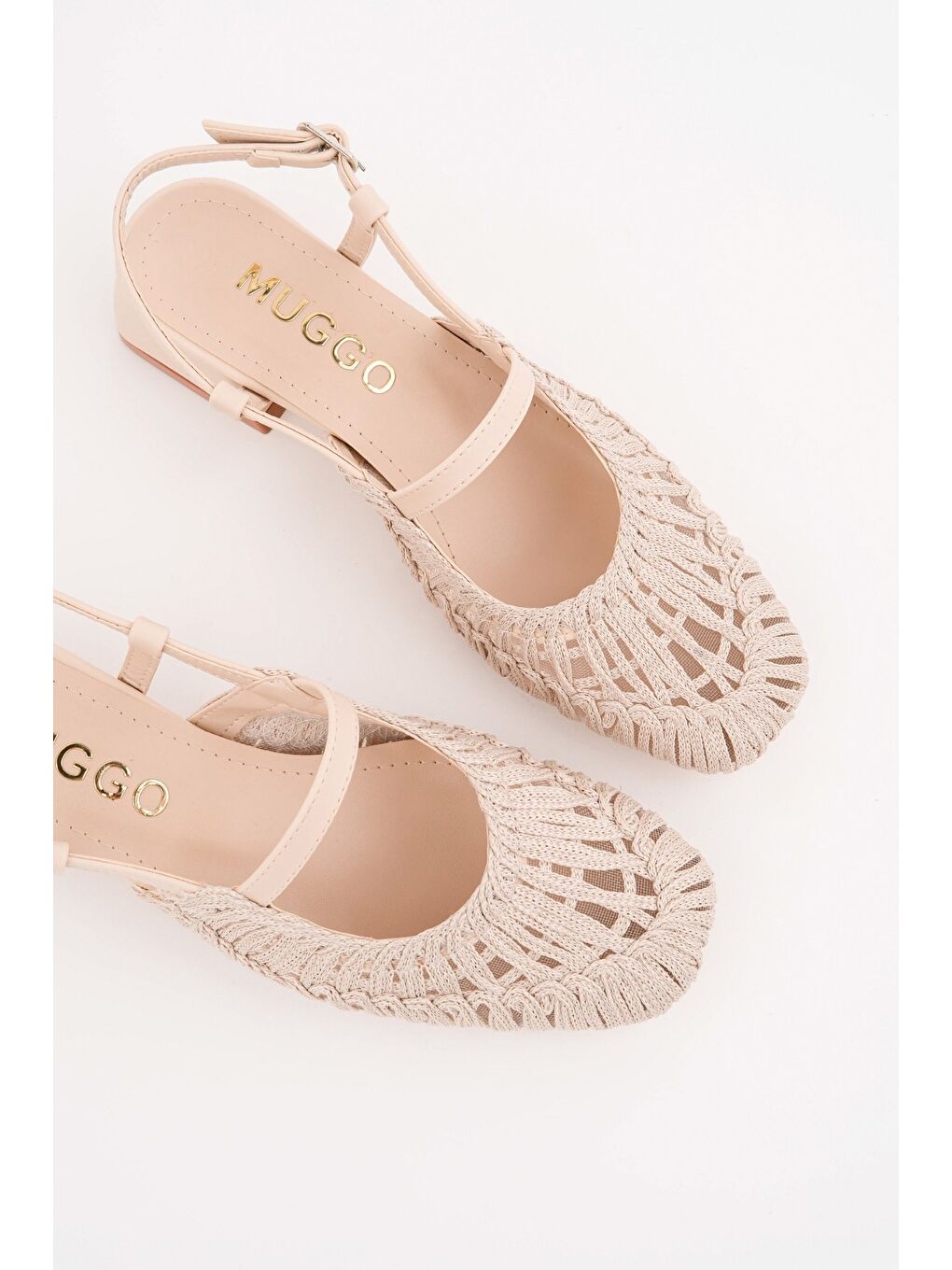 Bej MESH Kadın Örgü ve File Detaylı Bantlı Arkası Açık Kısa Topuklu Ayakkabı-3