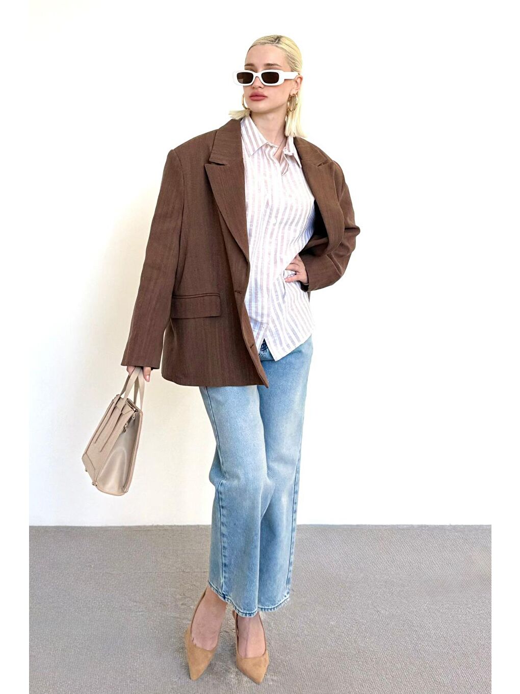 Kahverengi Keten Blazer Kadın Ceket Mg2443-6