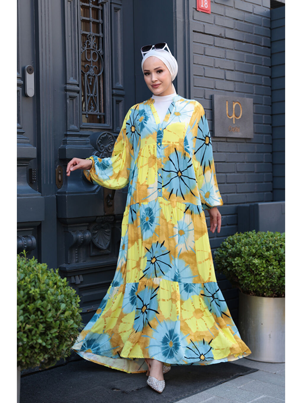 Kadın Ayçiceği Desenli Elbise Mavi-Sarı-1