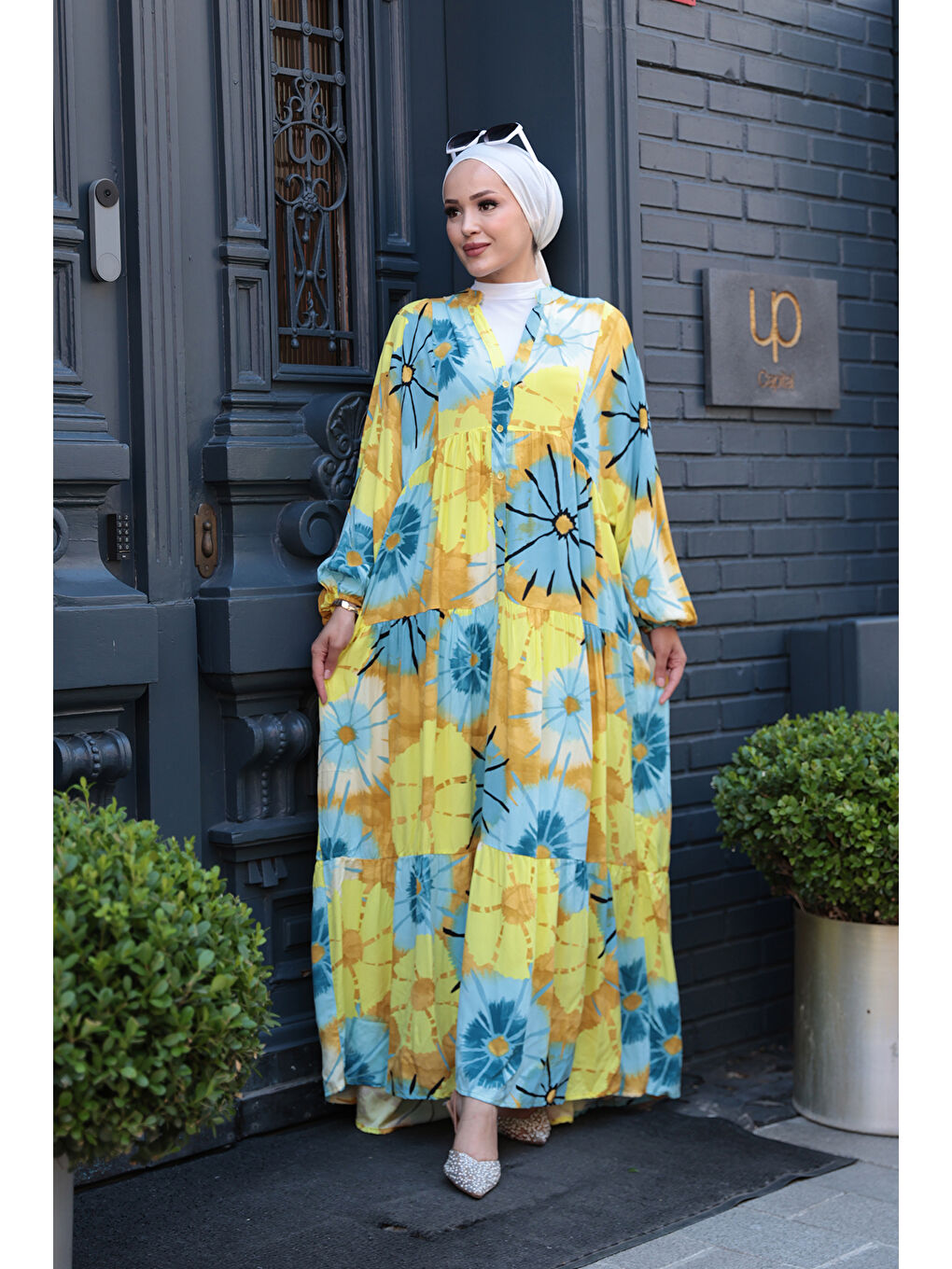 Kadın Ayçiceği Desenli Elbise Mavi-Sarı-2