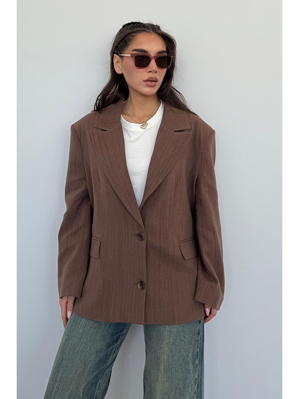 Kahverengi Keten Blazer Kadın Ceket Mg2443-7