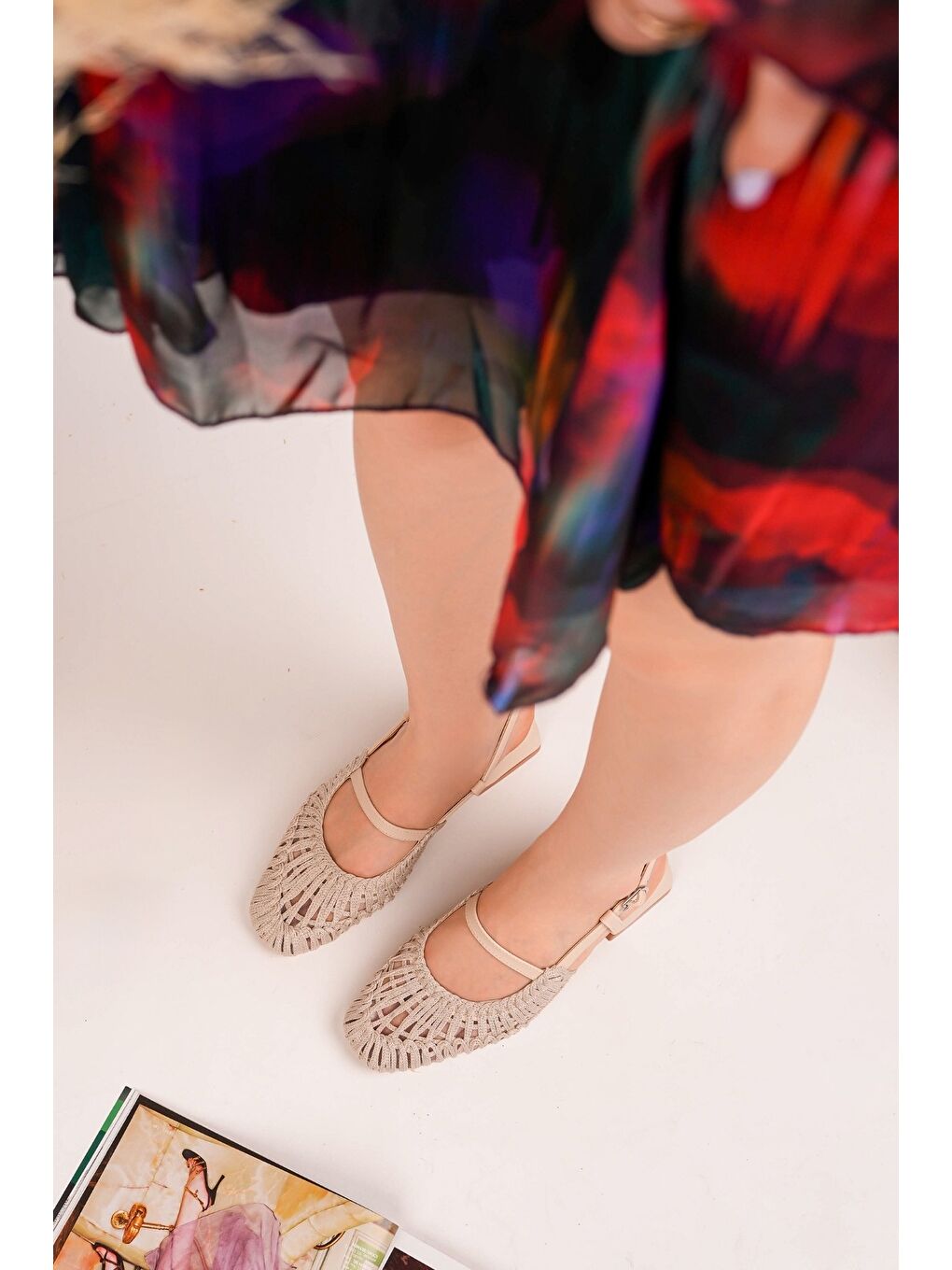 Bej MESH Kadın Örgü ve File Detaylı Bantlı Arkası Açık Kısa Topuklu Ayakkabı-5