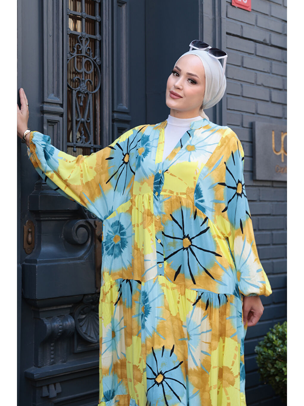 Kadın Ayçiceği Desenli Elbise Mavi-Sarı-3