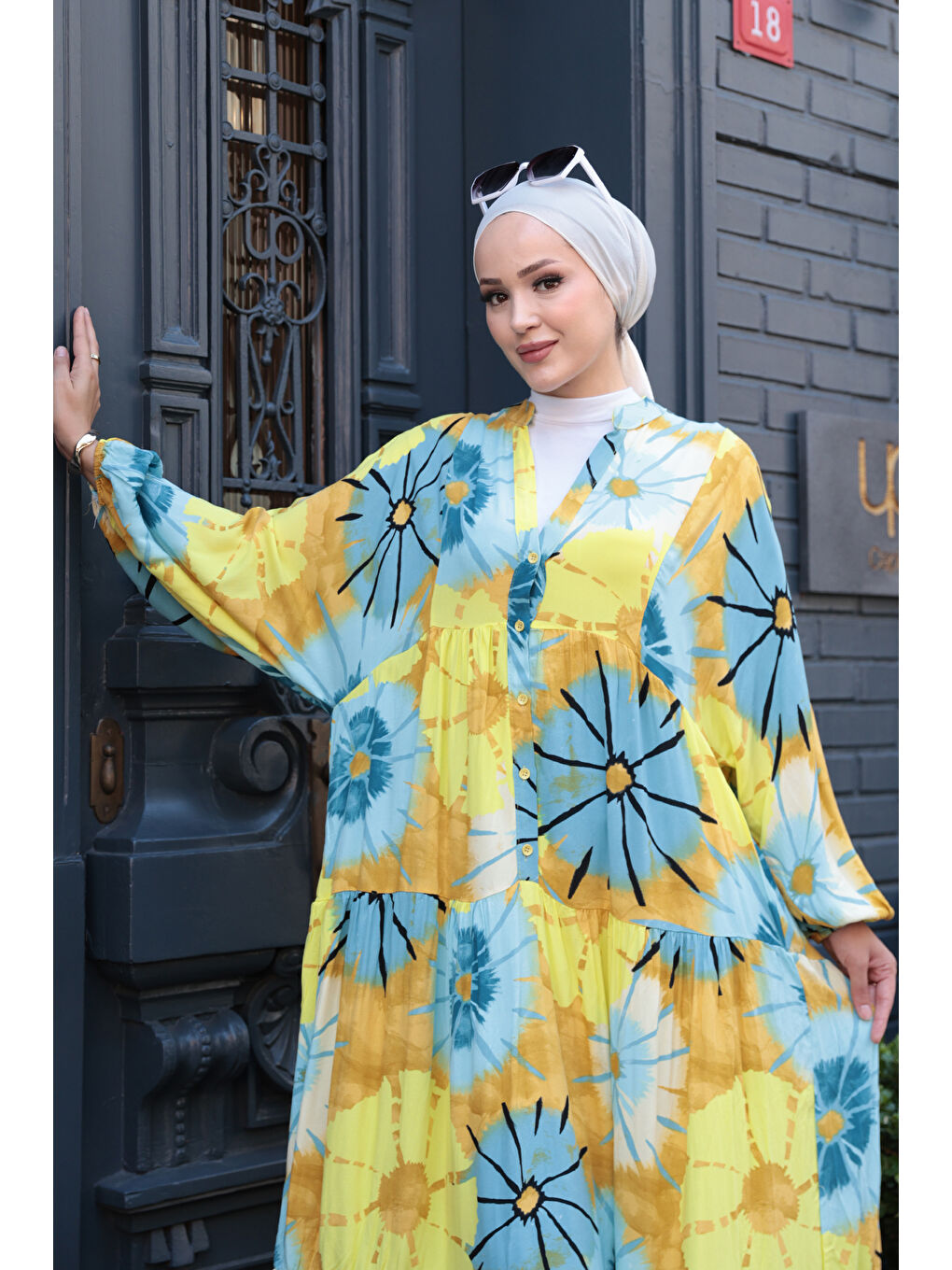 Kadın Ayçiceği Desenli Elbise Mavi-Sarı-4