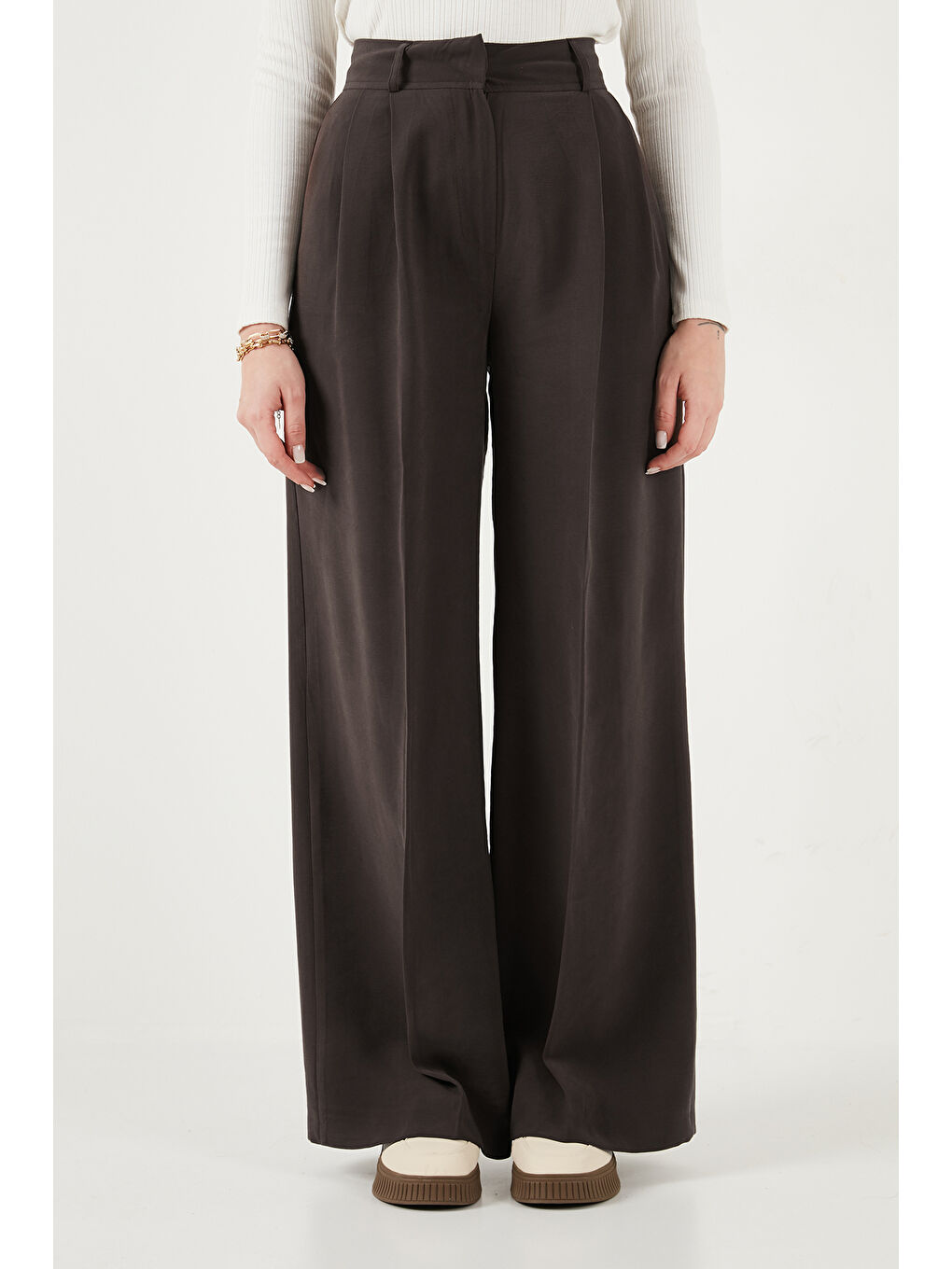 Kahverengi Wide Leg Yüksek Bel Geniş Paça Pileli Kadın Pantolon 6923871-3