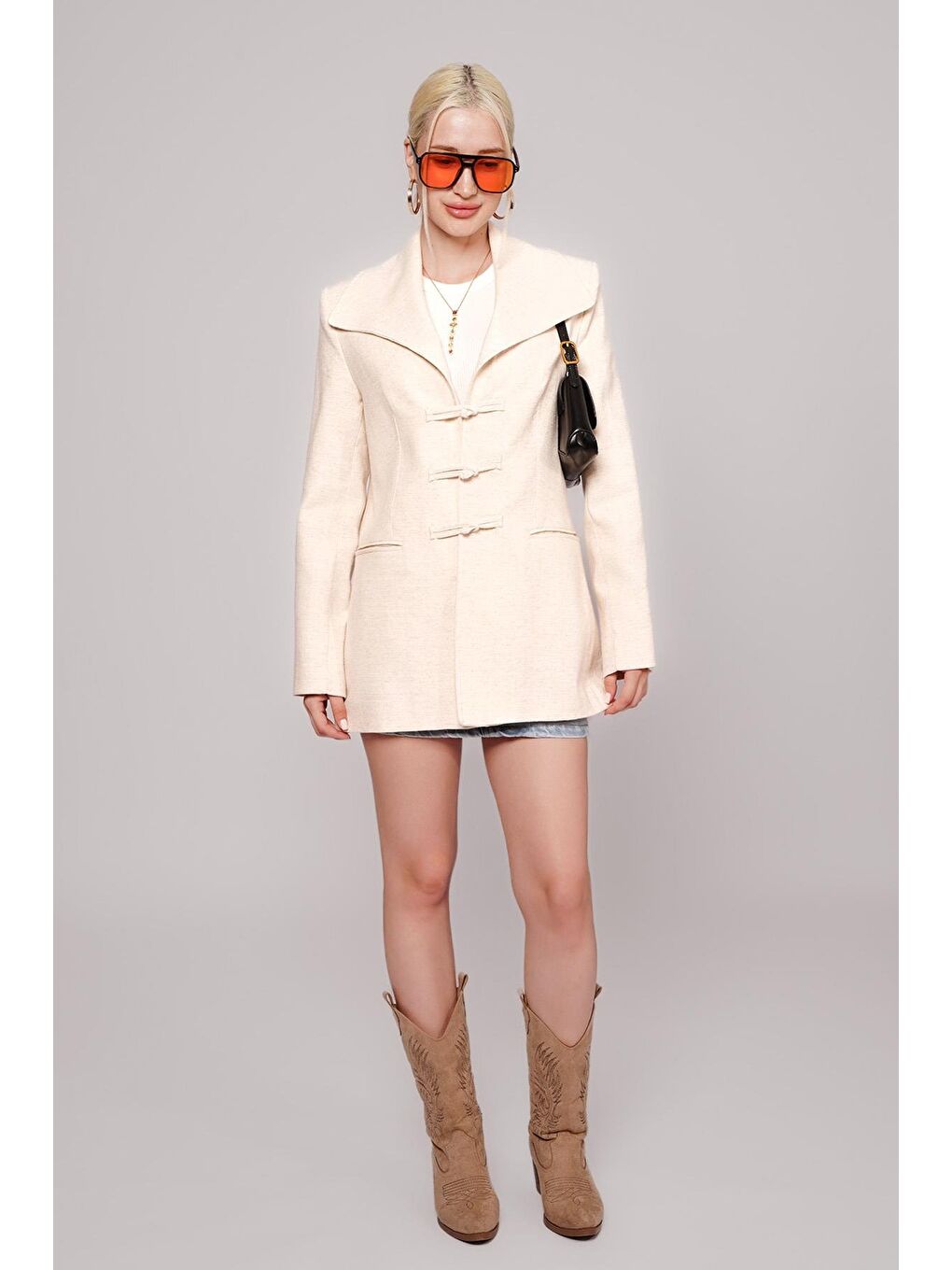 Turkuaz Vizon Bağlama Detaylı Blazer Kadın Ceket Mg2482