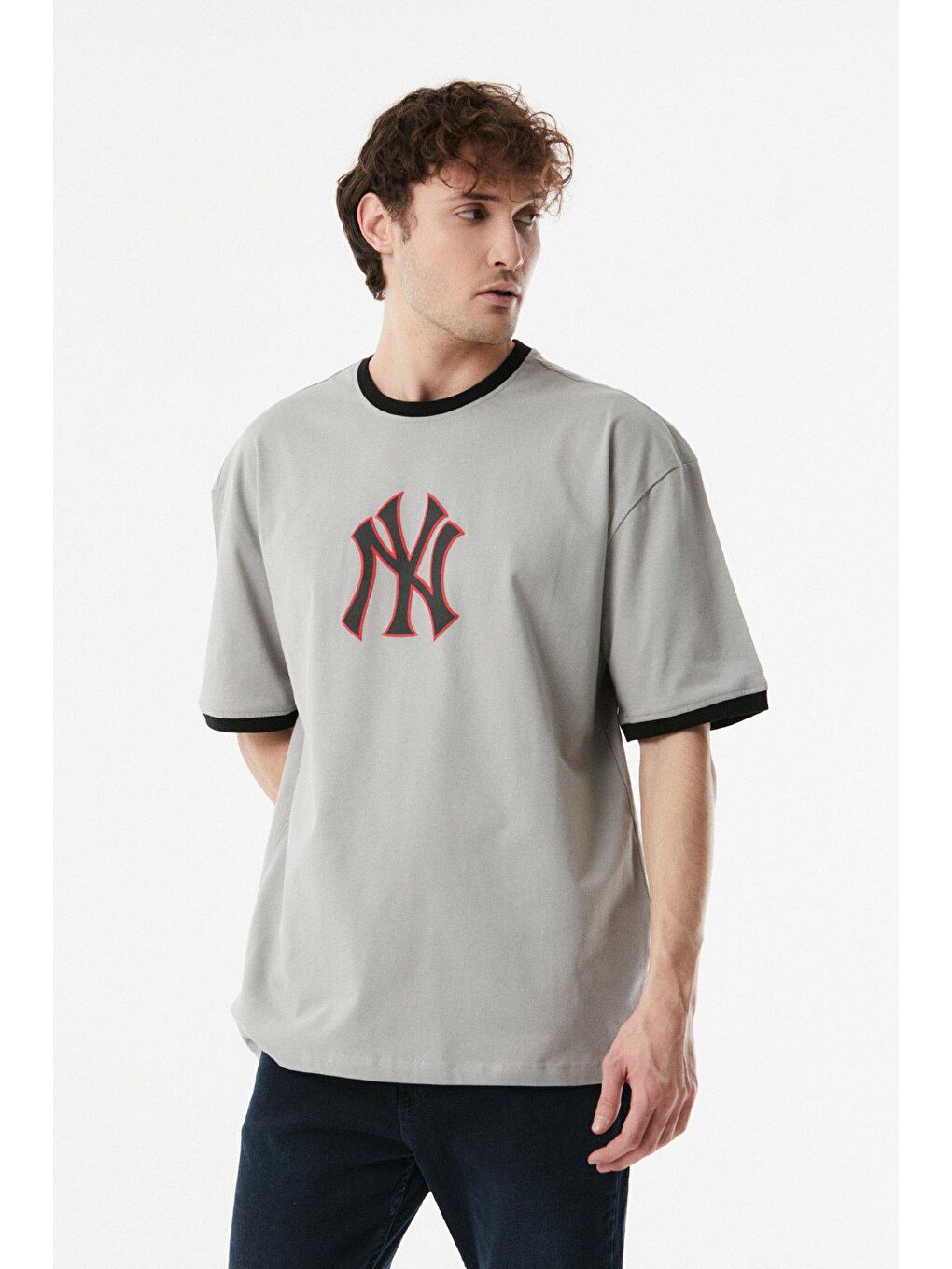 Gri Baskılı Bisiklet Yaka Oversize Tişört-4