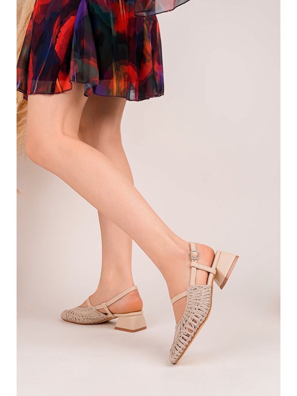 Bej MESH Kadın Örgü ve File Detaylı Bantlı Arkası Açık Kısa Topuklu Ayakkabı-7