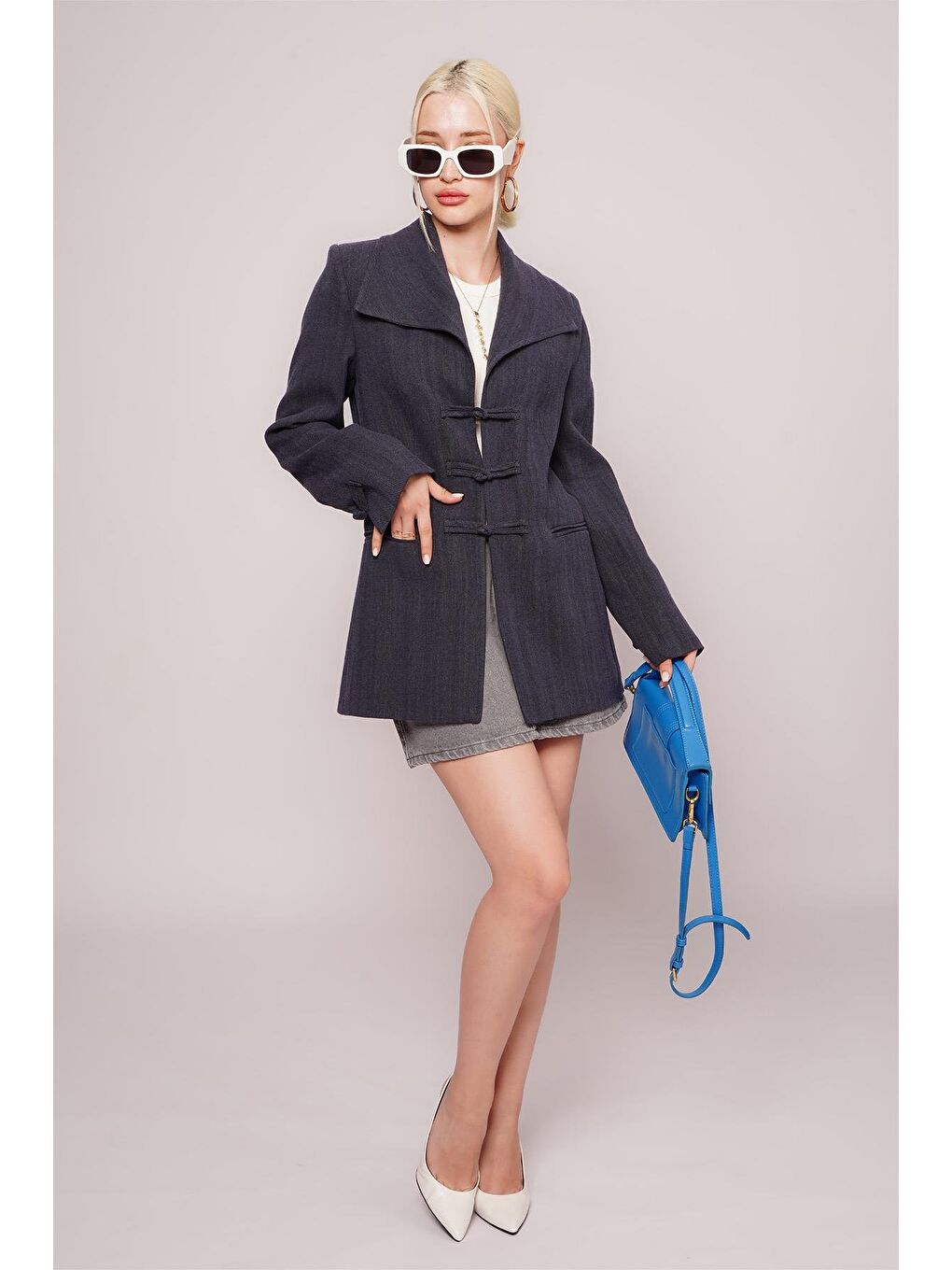 Lacivert Bağlama Detaylı Blazer Kadın Ceket Mg2482