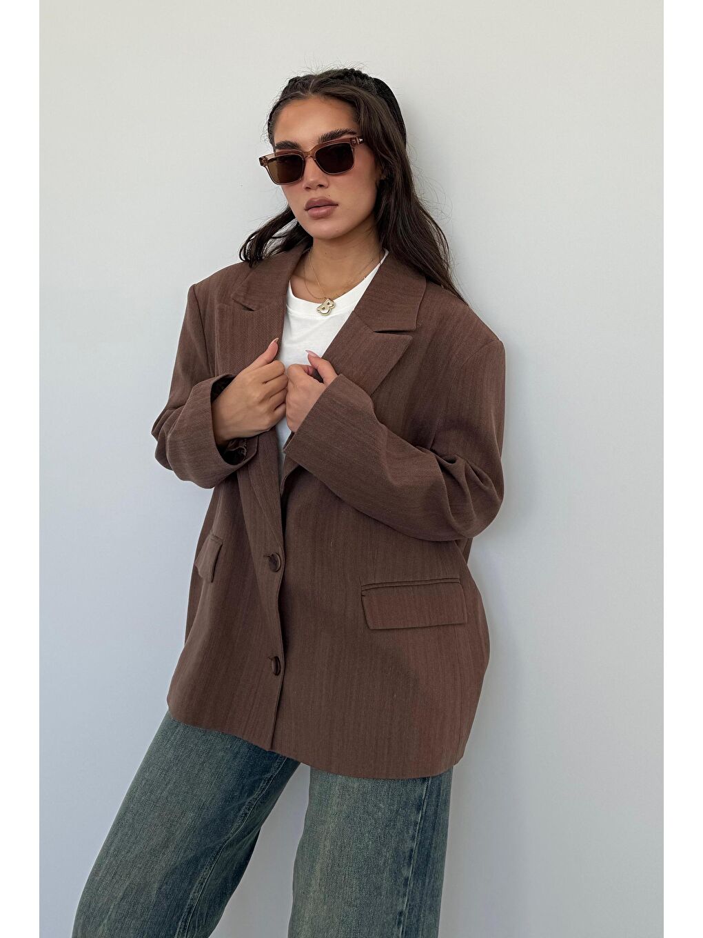 Kahverengi Keten Blazer Kadın Ceket Mg2443-8