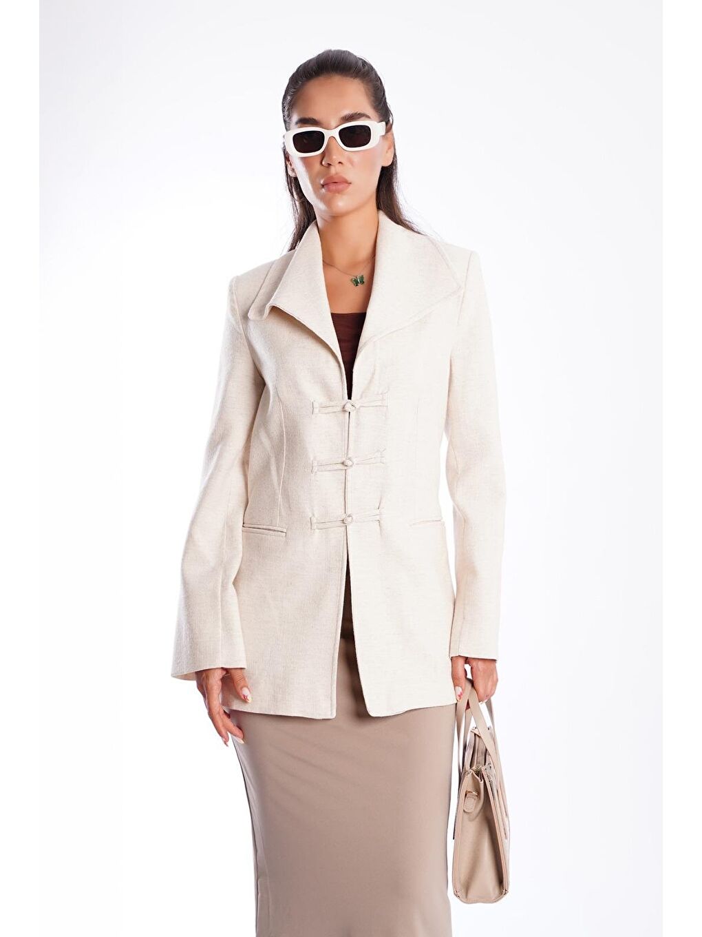 Turkuaz Vizon Bağlama Detaylı Blazer Kadın Ceket Mg2482-3