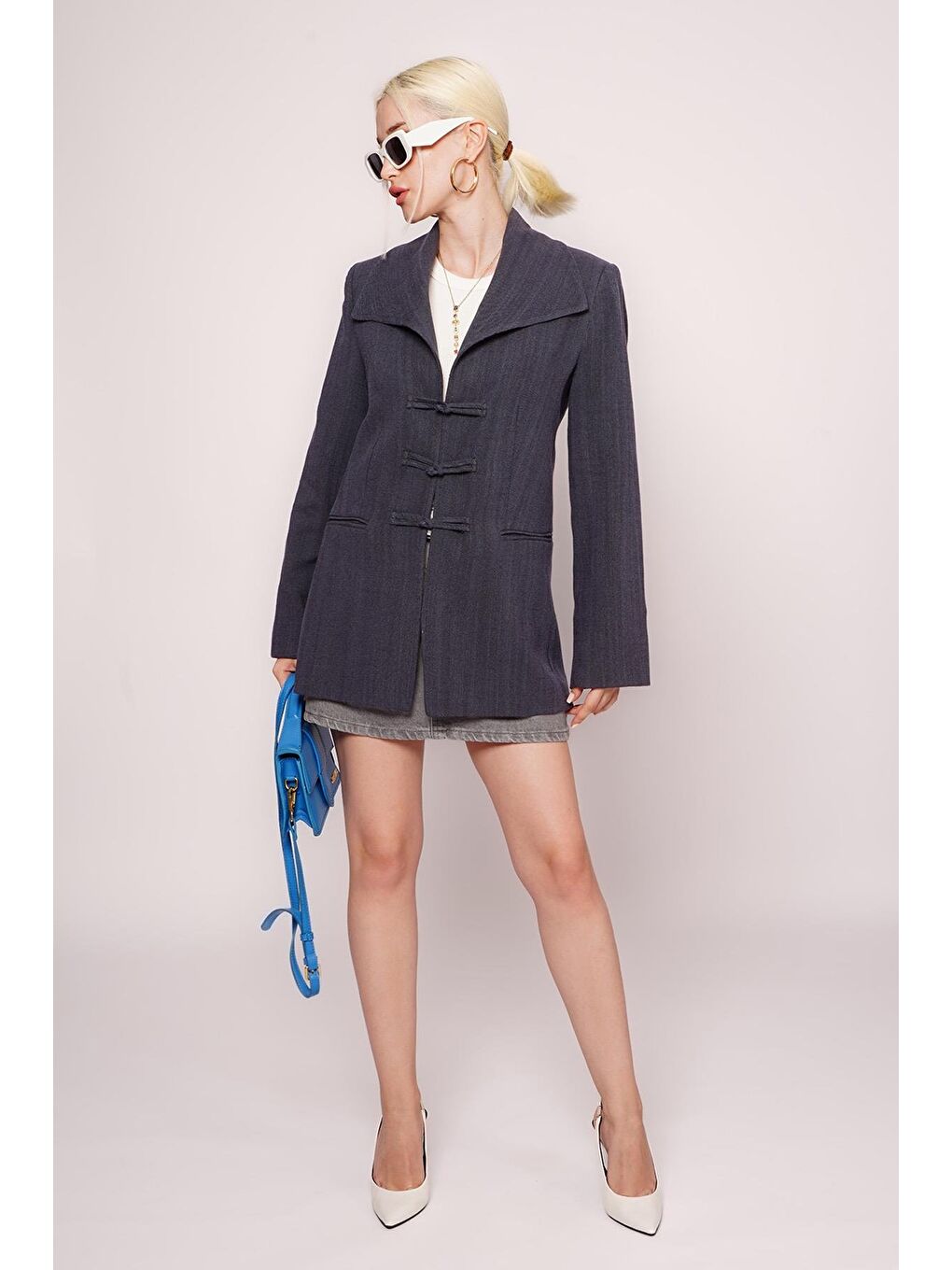 Lacivert Bağlama Detaylı Blazer Kadın Ceket Mg2482-1