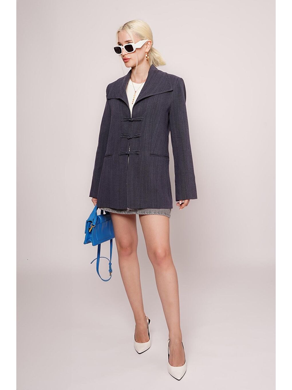 Lacivert Bağlama Detaylı Blazer Kadın Ceket Mg2482-2