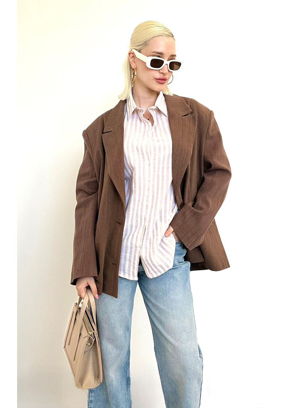 Kahverengi Keten Blazer Kadın Ceket Mg2443-9